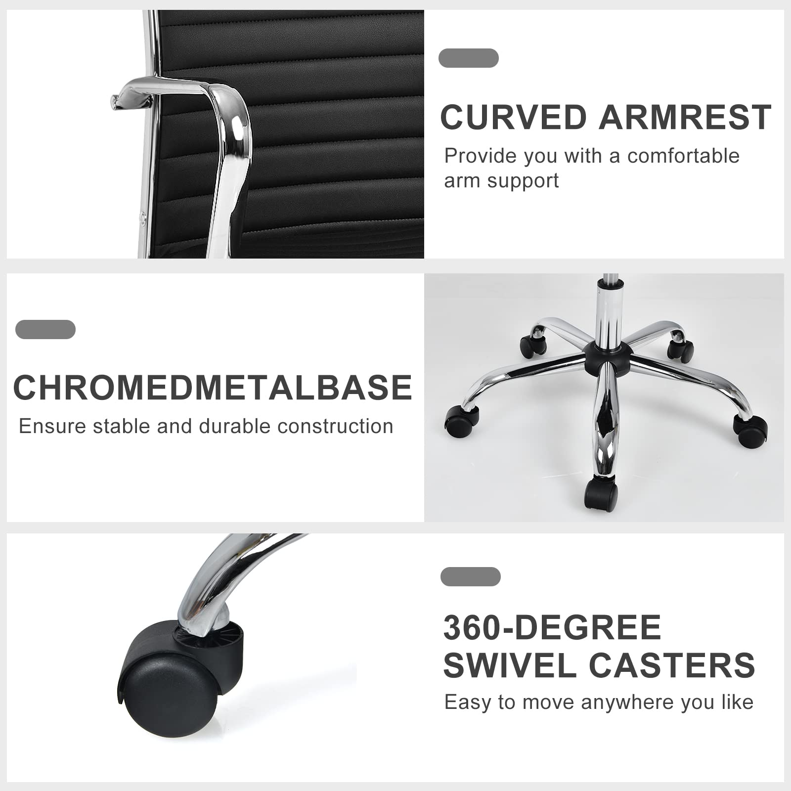 COSTWAY Ergonomic Office Chair - PU Leather High Back Executive Chair with Adjustable Height, Rocking Backrest & Lumbar Support - Ribbed Computer Desk Chair for Home & Office (Black) - Perfect for Long Work Hours & Gaming Sessions
