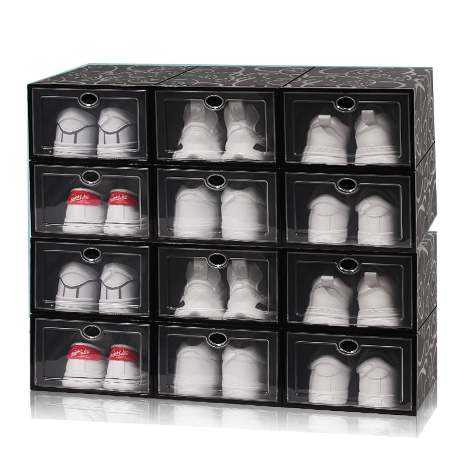 12 Pack Clear Plastic Shoe Storage Boxes - Stackable, Waterproof Shoe Organizer for Closet (33x23x14cm/13x9x5.5in) - Perfect for Sneaker Collection, Boot Storage & Closet Organization (Color: Burst)