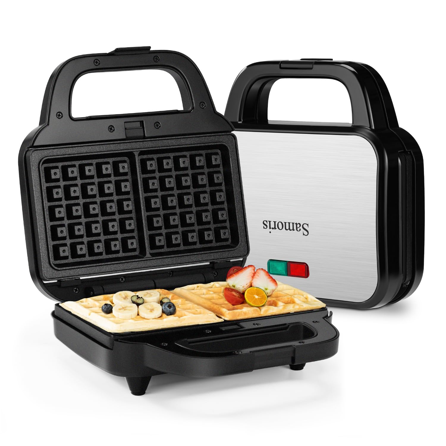 Samoris 3-in-1 Sandwich Maker & Waffle Iron with 6-Slice Non-Stick Removable Plates - 870W Electric Grill for Grilled Cheese, Burgers, Steaks & Tuna Melts - Easy to Clean Indoor Cooking Appliance (Black/Silver) - Perfect for Breakfast, Camping & Small Kitchen Spaces