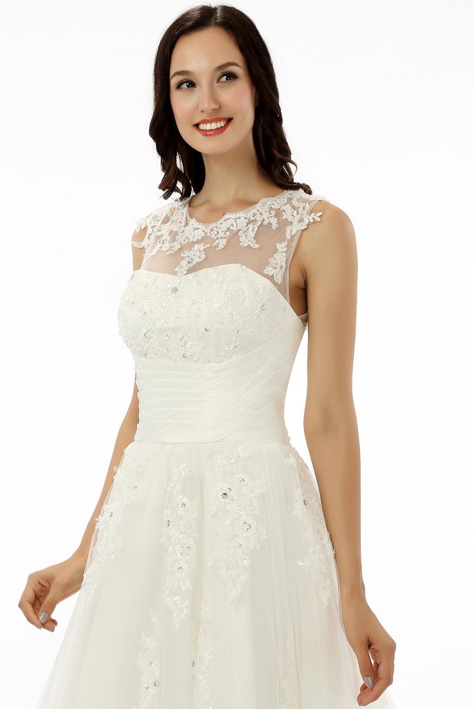 Engerla Women's Tea-Length Wedding Dress with Straps, Tulle Applique & Crystal Details – Perfect for Bridal Showers, Beach Weddings, and Vow Renewal Ceremonies