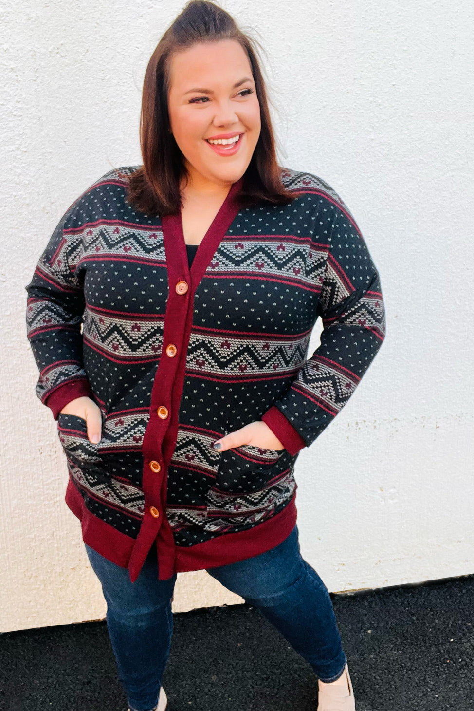 Classic Burgundy Holiday Print Button Cardigan for Women - Cozy Christmas Sweater for Holiday Parties & Family Gatherings