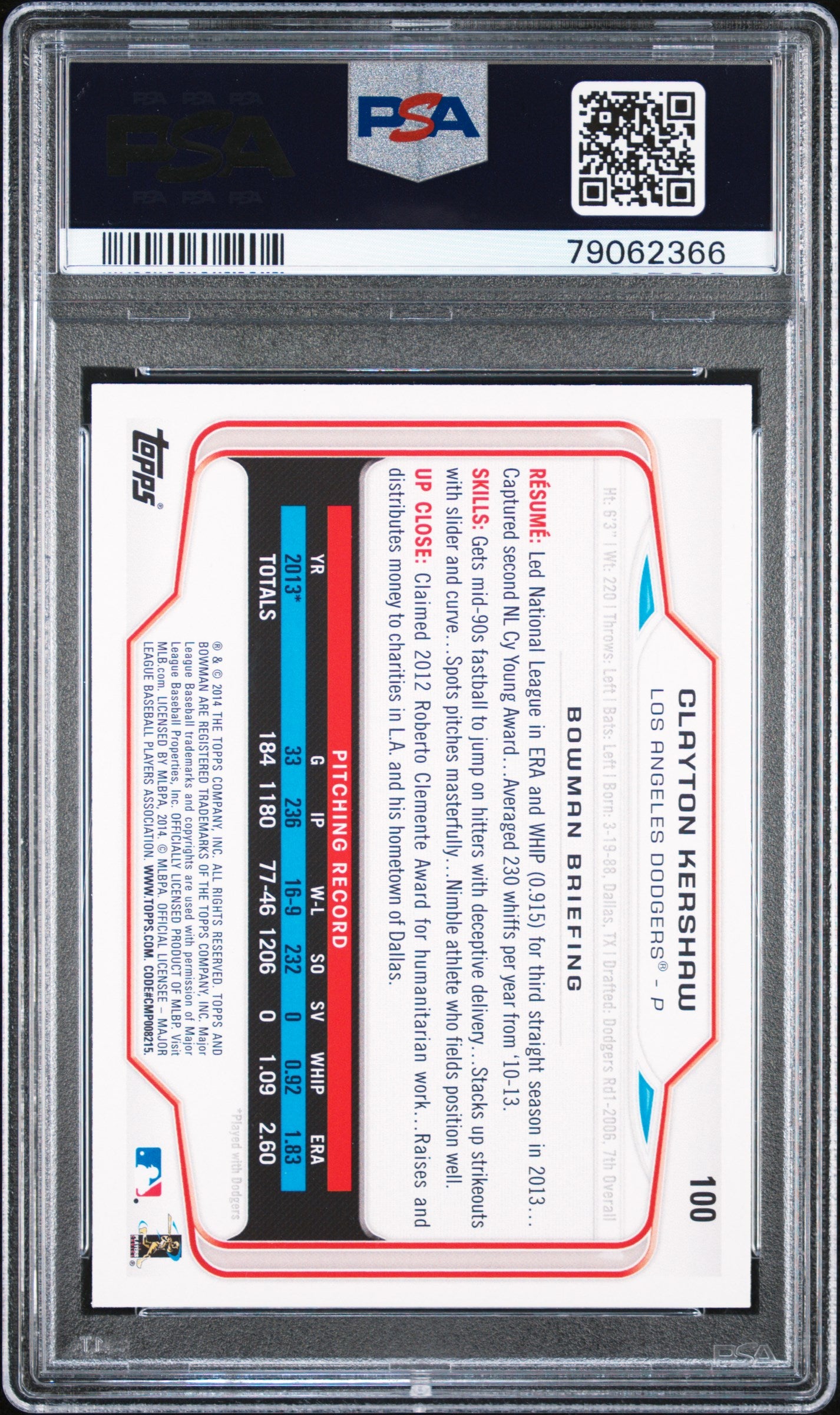 2014 Bowman Clayton Kershaw #100 PSA 10 Gem Mint Baseball Card - Perfect for Collectors, Investors & Dodgers Fans Display