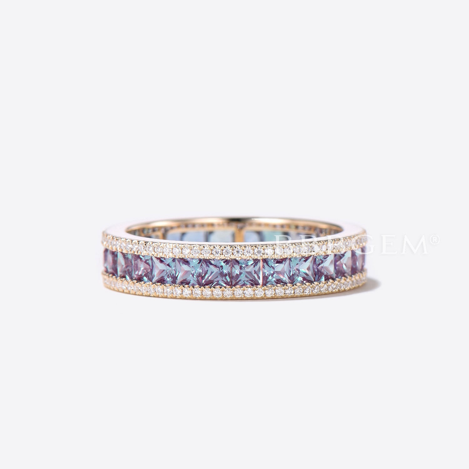 Princess Cut Color Changing Alexandrite Diamond Halo Eternity Wedding Band – Perfect for Engagement, Anniversary & Bridal Jewelry Gifts