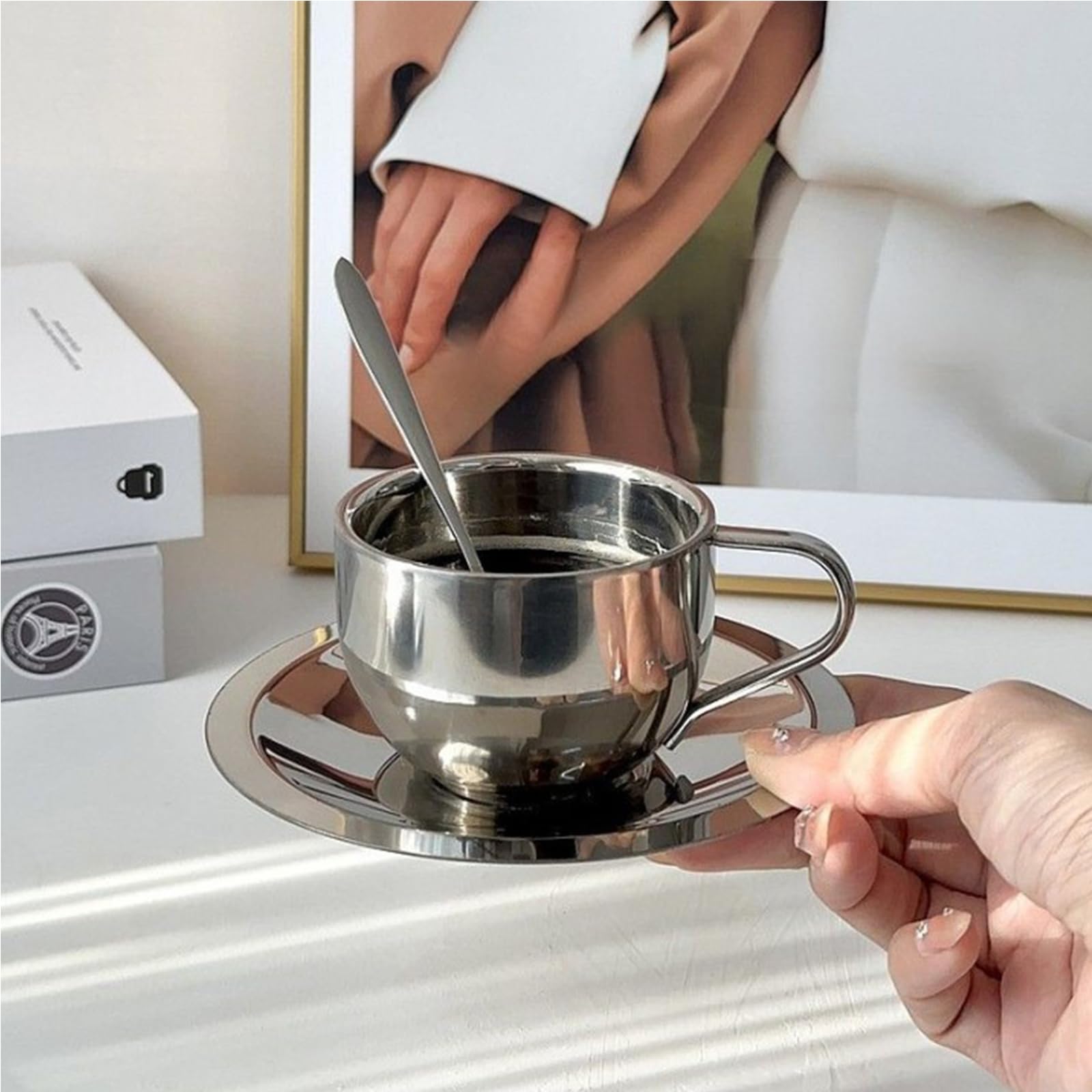 Okllen 4 Pack Stainless Steel Coffee Cup Set - 6 Oz Double Walled Espresso Mugs with Spoon & Saucer for Coffee, Latte, Tea, Milk - Perfect for Home, Office & Outdoor Use