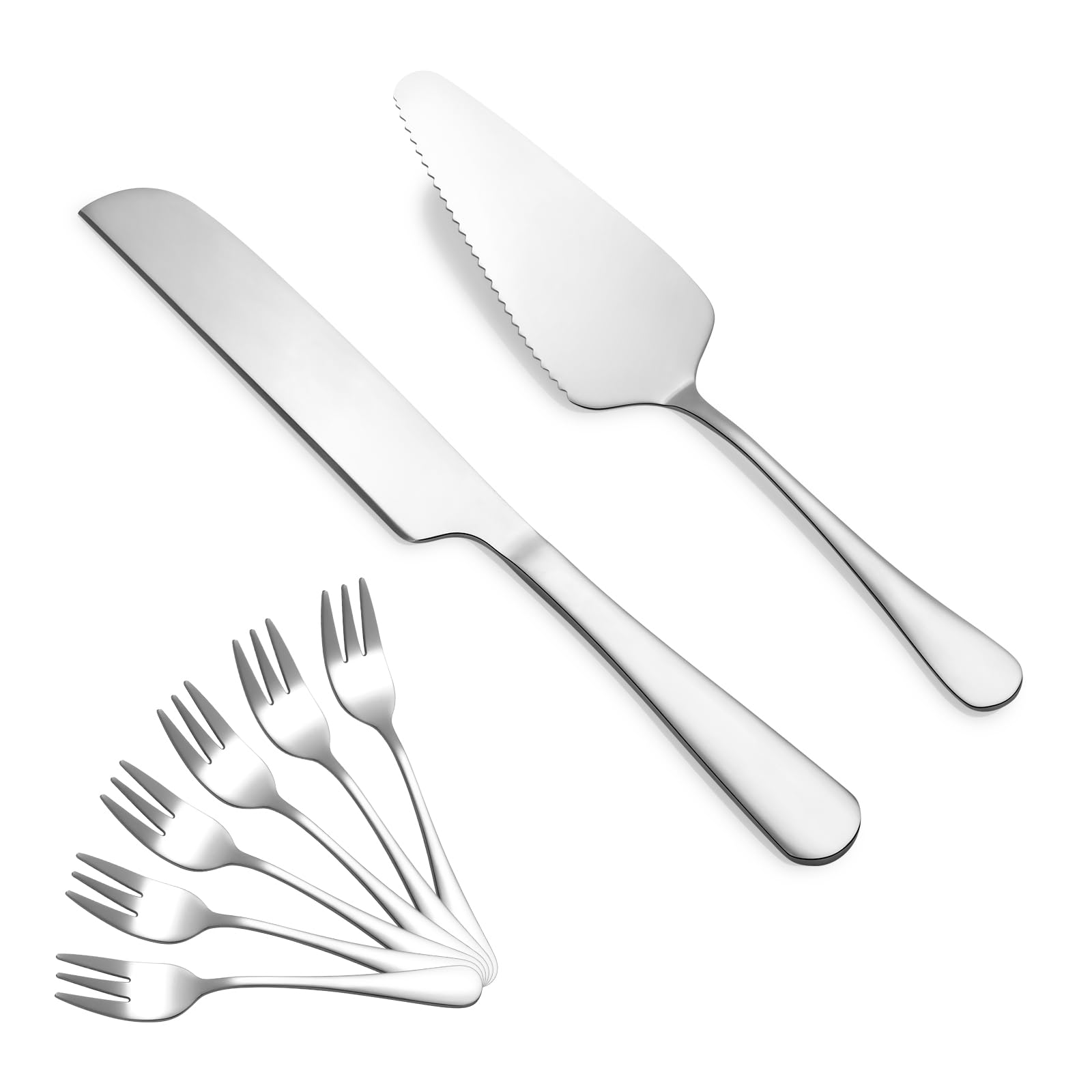 8-Piece Silver Cake Knife and Server Set with 6 Cake Forks - Elegant Wedding Cake Cutting Set for Birthday, Anniversary & Holiday Parties - Perfect for Wedding Receptions, Bridal Showers & Special Celebrations