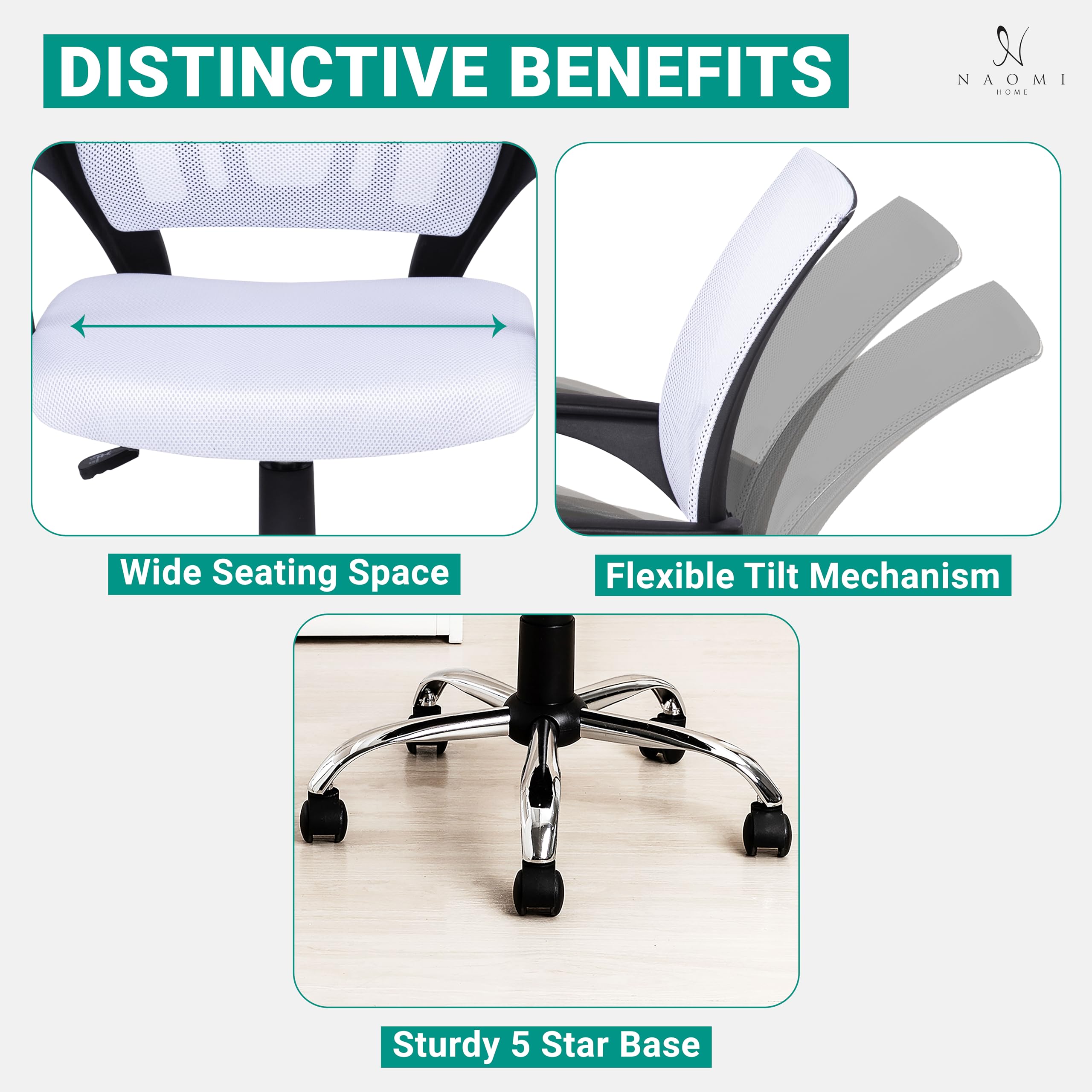 Ergonomic Office Chair with Adjustable Lumbar Support - Comfortable Swivel Rolling Computer Desk Chair for Home & Office - White Executive Chair for Small & Tall Desks - Perfect for Long Work Hours, Gaming, and Remote Work Setup