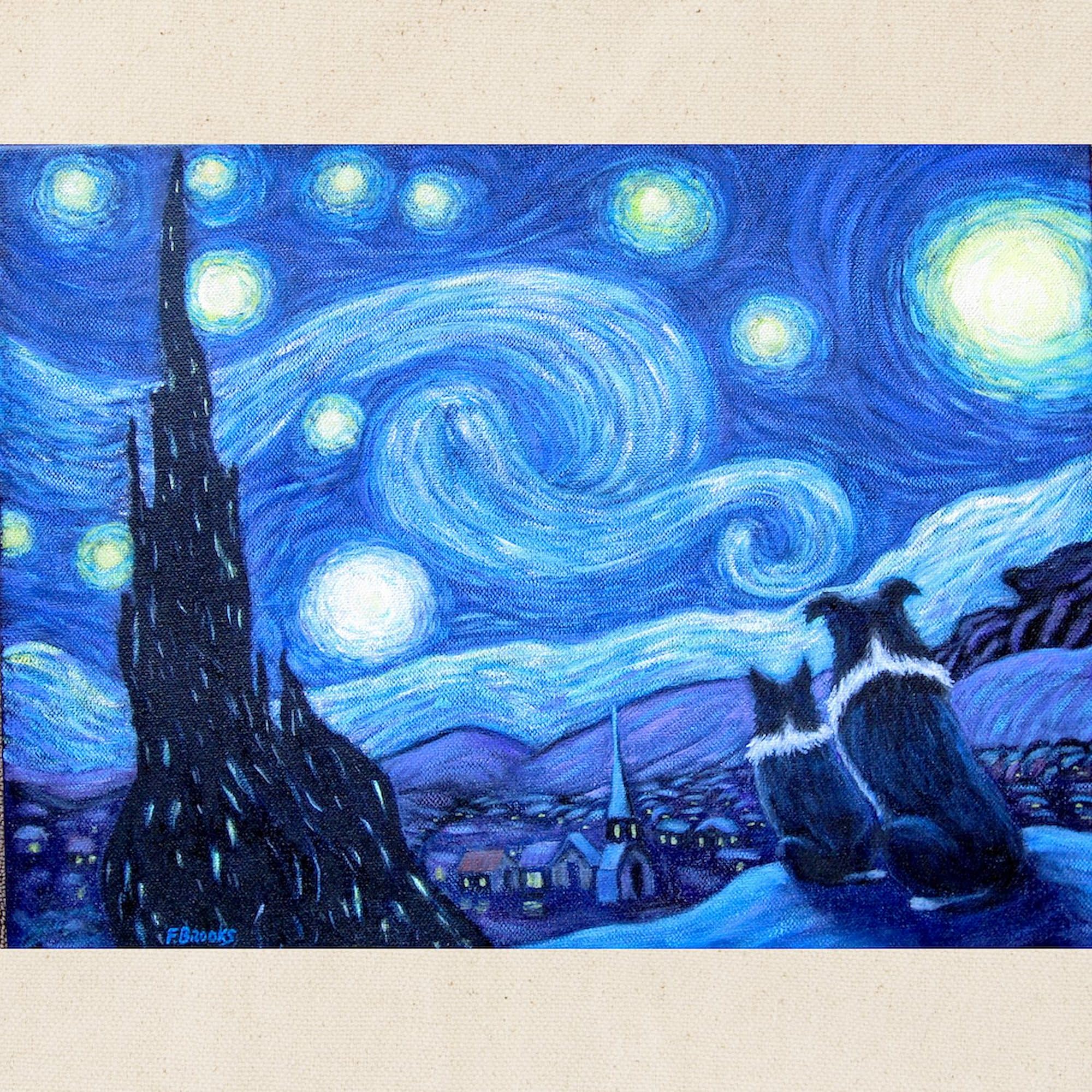 Starry Night Border Collies Canvas Tote Bag - Eco-Friendly Reusable Shopping Bag for Groceries, Beach & Daily Use | Van Gogh Inspired Dog Lover Gift