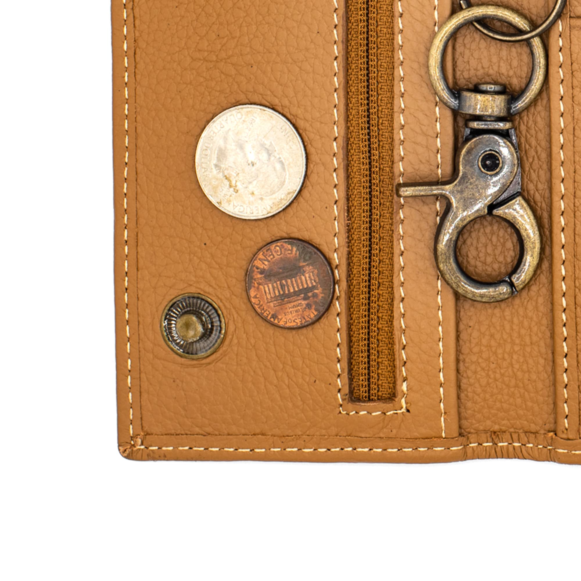 Premium Men's Leather Trifold Wallet with RFID Blocking, Checkbook Cover & Zipper Coin Pocket - Stainless Steel Chain Design for Bikers (J212C, Caramel) | Ideal for Everyday Use, Travel & Motorcycle Enthusiasts in USA