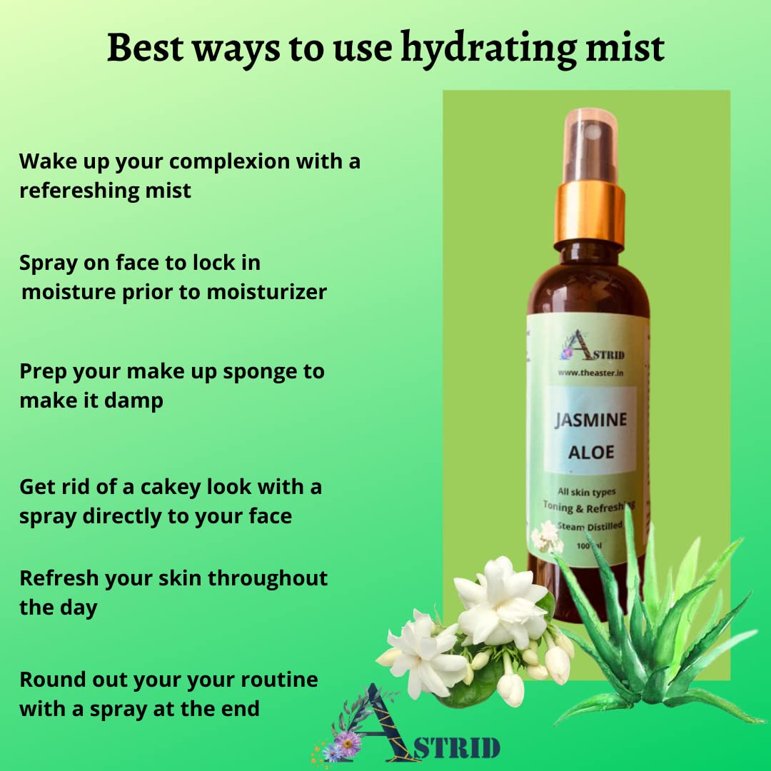 Astrid Jasmine & Aloe Vera Hydrating Facial Mist - Pure Floral Water Toner with Mogra & Aloe for Refreshing Skin Care | Paraben & Sulfate Free | Perfect for Daily Hydration, Post-Workout Refresh & Makeup Setting