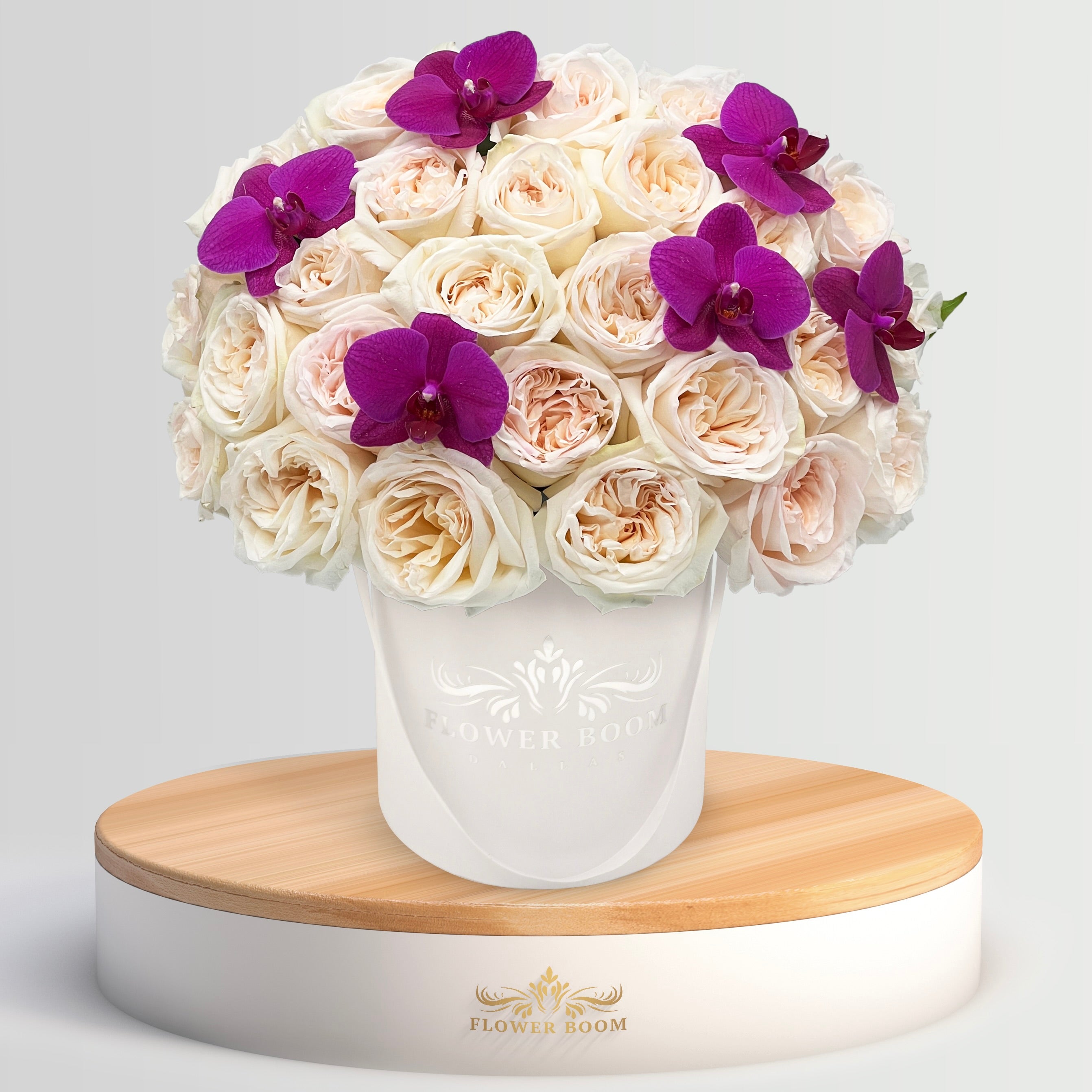 White O'Hara Roses and Purple Phalaenopsis Orchids - Fresh Cut Flowers for Weddings, Home Decor & Special Occasions