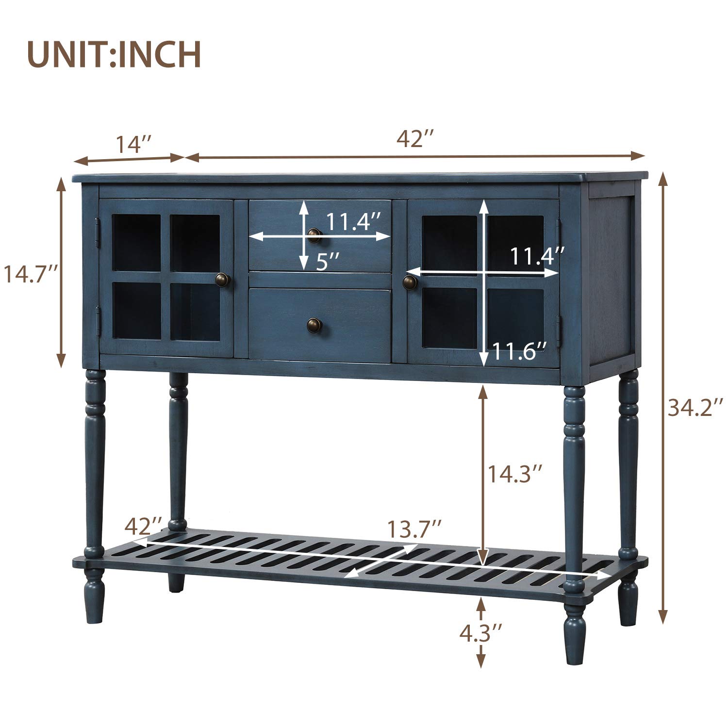 Farmhouse Style Sideboard Console Table with Glass Top and Bottom Shelf - Entryway Sofa Table, Buffet Storage Cabinet for Living Room, Hallway & Dining Room - Antique Navy Finish for Rustic Home Decor