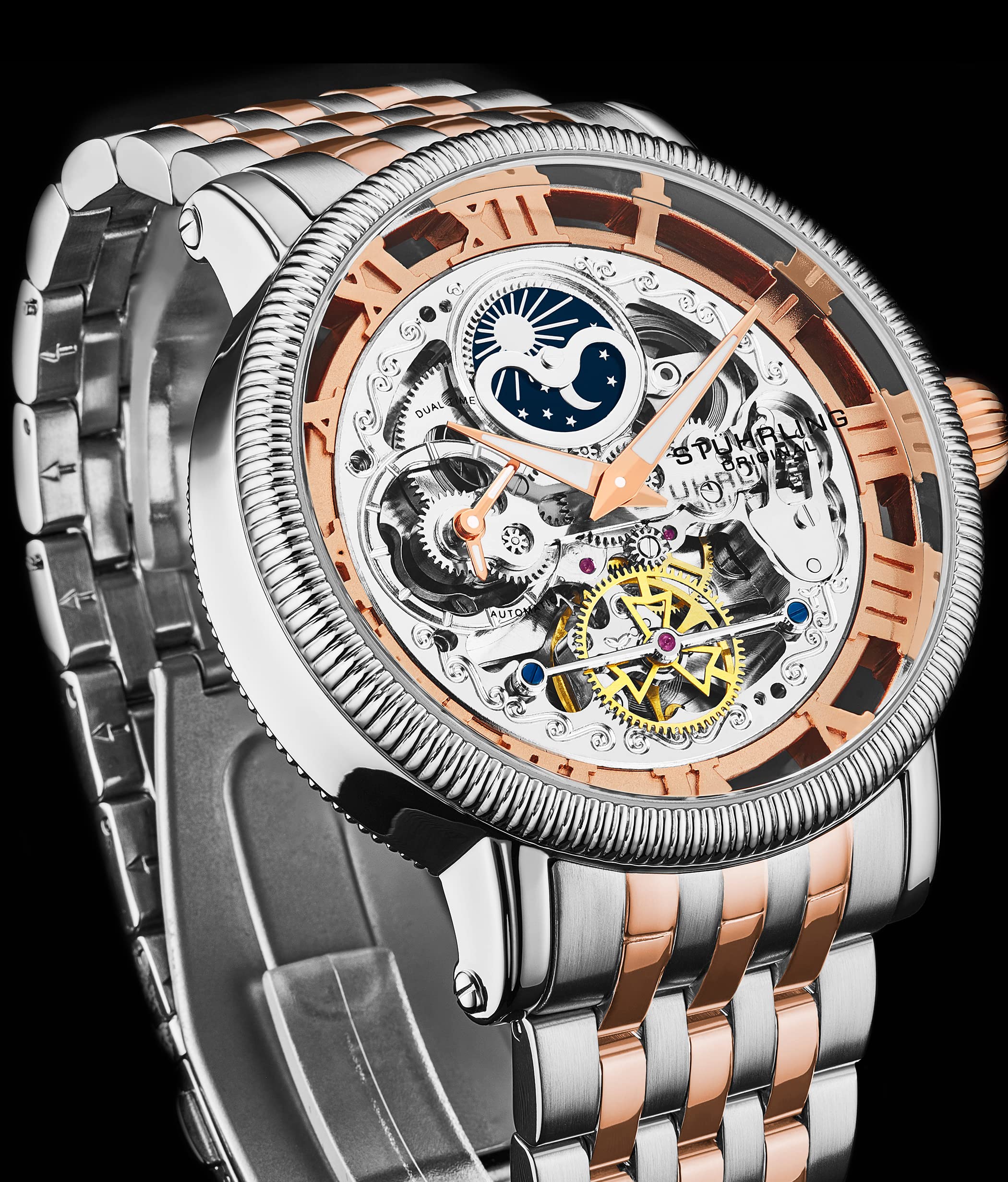 Stuhrling Original Men's Automatic Skeleton Watch - Silver Stainless Steel Bracelet, Dual Time, AM/PM Sun Moon Display - 3922 Collection | Perfect for Business, Formal Events & Luxury Gifts
