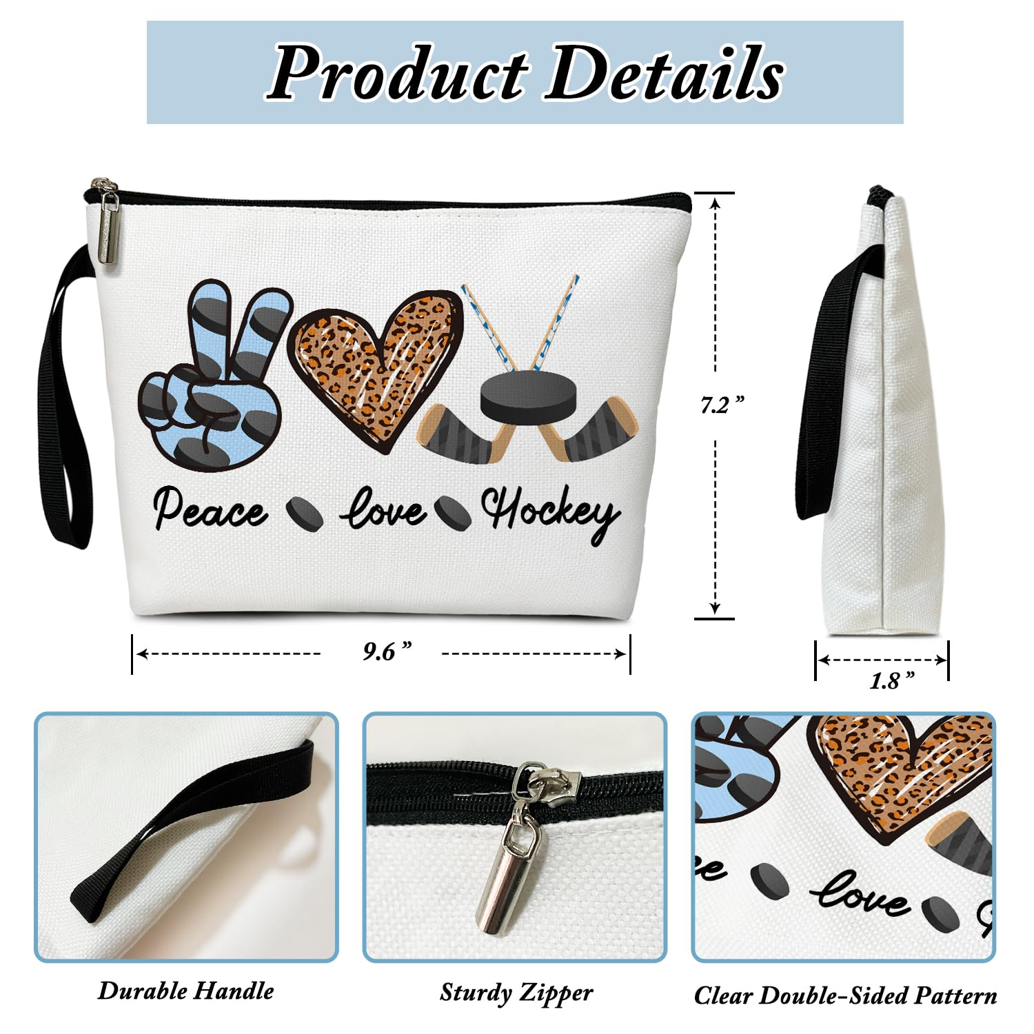Hockey Gifts Cosmetic Bag - Peace Love Hockey, Coach Gifts, Birthday Gifts for Hockey Lover, Hockey Mom, Thanksgiving Gifts, Hockey Makeup Bag, Christmas Gifts for Daughter Sister, Zipper Pouch /13 - Perfect for Travel, Gym, and Everyday Use