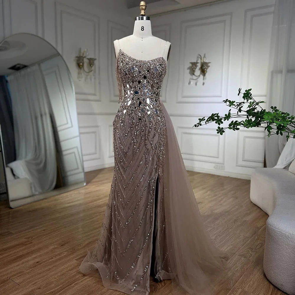 Elegant Green Mermaid Evening Gown with Spaghetti Straps & High Slit - Beaded Sequined Party Dress for Women 2025 | Perfect for Prom, Gala & Formal Events - LA72212