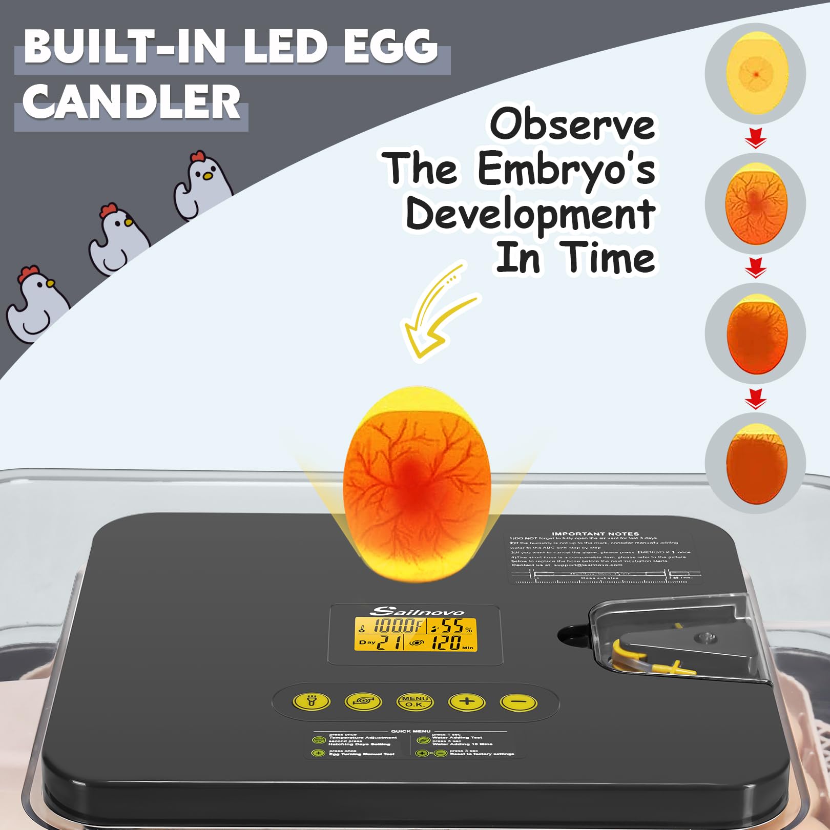 Sailnovo 56 Egg Incubator - Automatic Egg Turner, Temperature & Humidity Control, Built-in Candler for Chicken, Duck & Quail Eggs (18.7