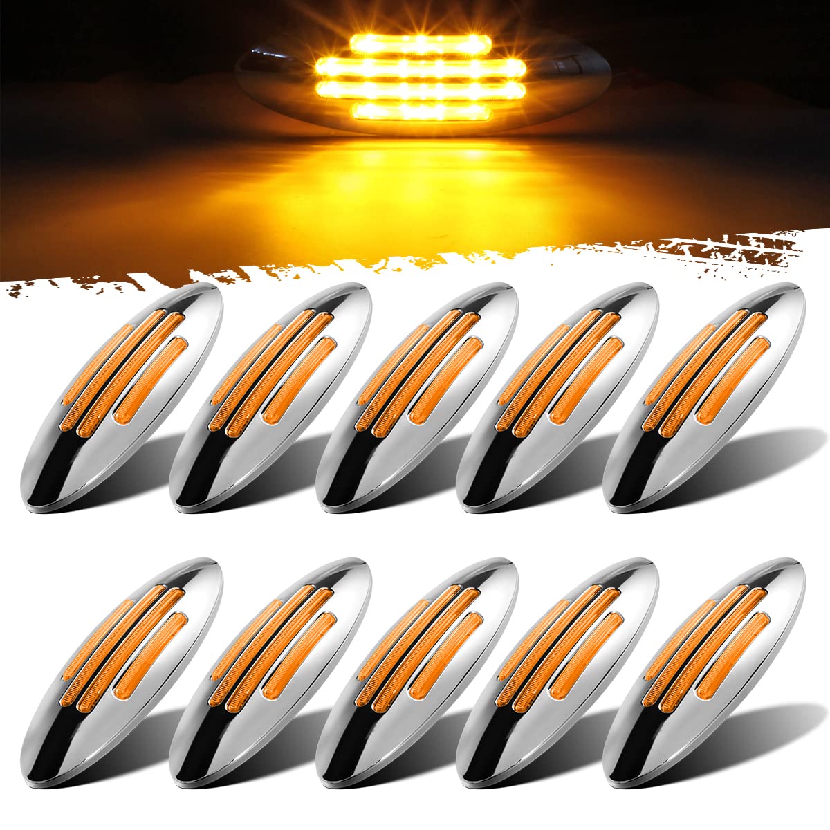 Partsam 10Pcs 6-3/5 Inch Oval Amber LED Side Marker Clearance Lights - 12V Truck Front Fender Panel Lights Replacement for Peterbilt Kenworth Freightliner - Perfect for Semi Trucks, Trailers & Heavy Duty Vehicles