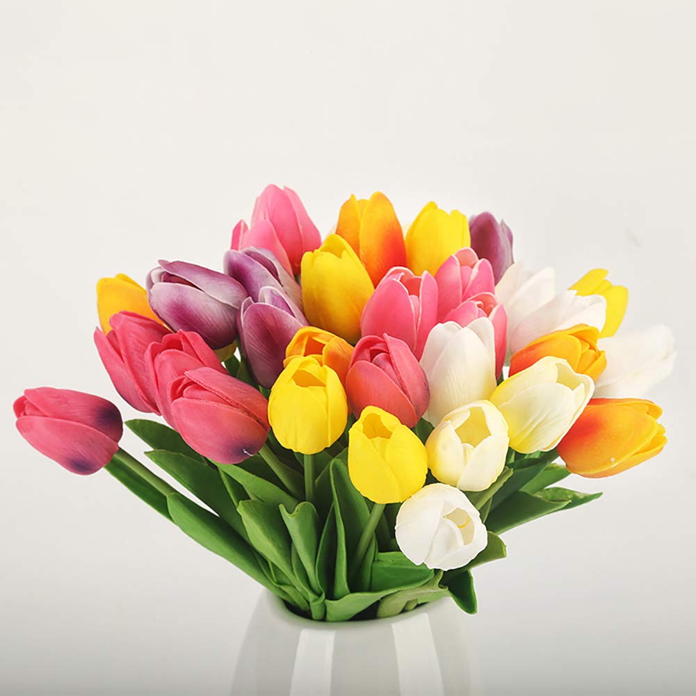 20 Heads Real Touch PU Tulips - Artificial Flowers for Wedding Bouquets, Home, Office & Room Decor - Lifelike Fake Flowers Arrangement for Centerpieces, Parties & Events