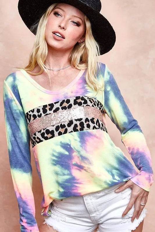 BiBi Tie Dye Deep U Neck Top with Leopard Print & Sequins - Trendy Women's Fashion Top for Parties, Night Out & Festival Wear
