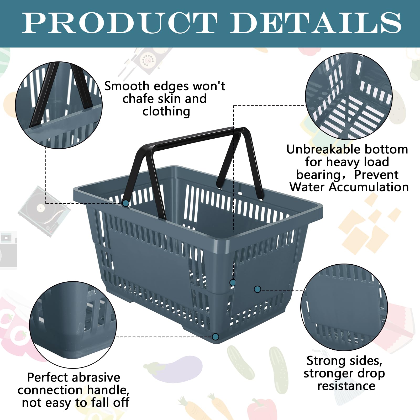Macarrie 20-Pack Plastic Grocery Baskets with Handles - 16.9 x 11.8 x 9 Inch Bulk Shopping Baskets for Retail Stores, Supermarkets & Home Organization (Dark Gray) - Perfect for Grocery Shopping, Retail Displays & Pantry Storage