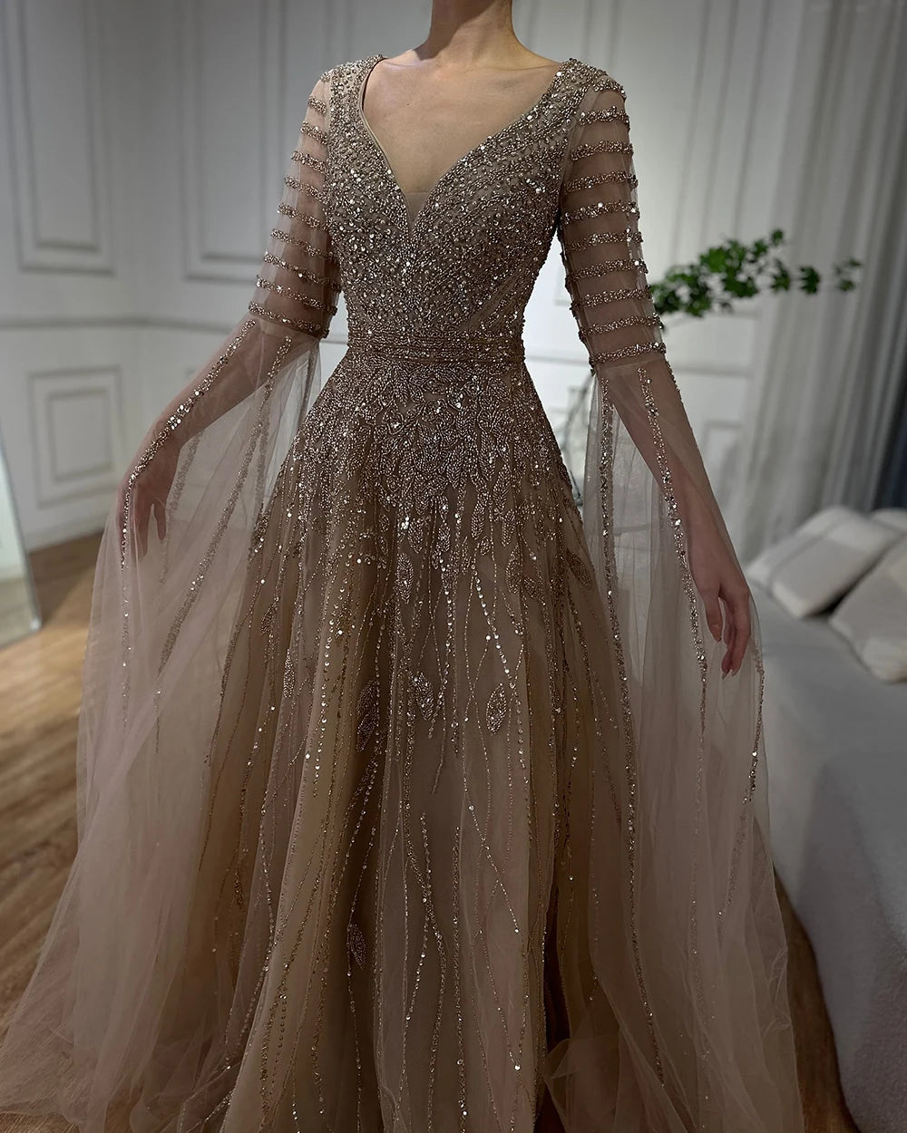 Elegant Beaded Long Evening Gowns with Cape Sleeves - Luxury Dubai Arabic Caramel A-Line Formal Dress for Women | Perfect for Weddings, Galas & Special Occasions LA72750