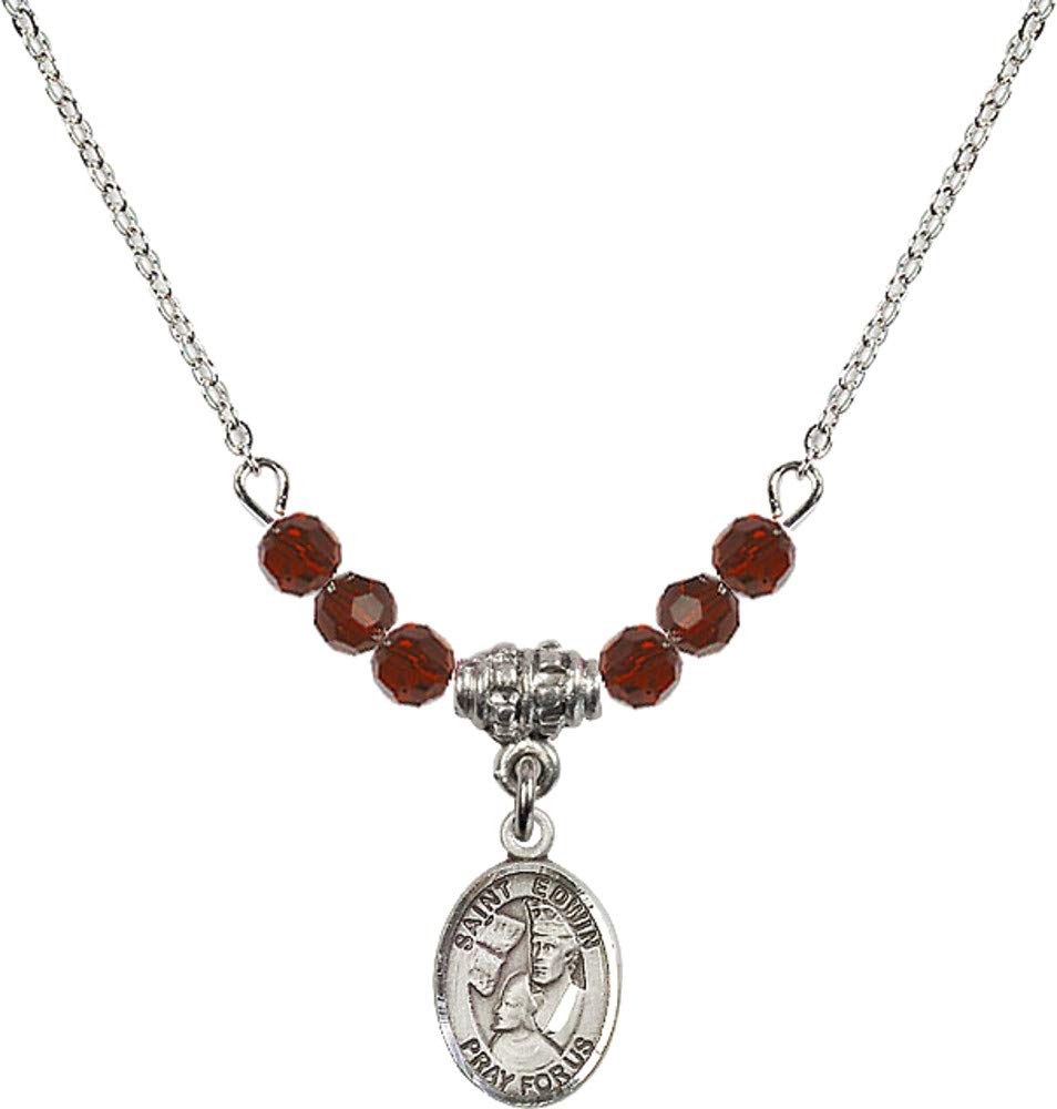 Bonyak 18 Inch Rhodium Plated Necklace with 4mm Red Garnet Birthstone Beads & Saint Edwin Pendant - Perfect for January Birthdays, Gifts, and Special Occasions