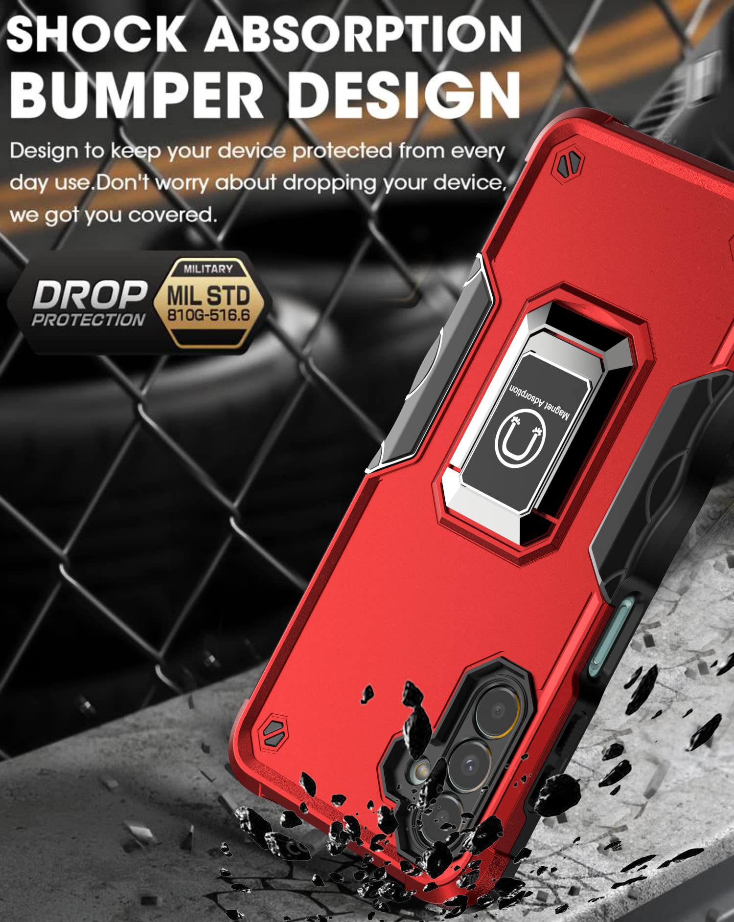 Durable Protective Phone Case with Ring Stand for Samsung Galaxy A13 5G (SM-A136) & A04S (SM-A047) - Shockproof Cover with Kickstand - Perfect for Work, Travel & Everyday Use - RS6 Black