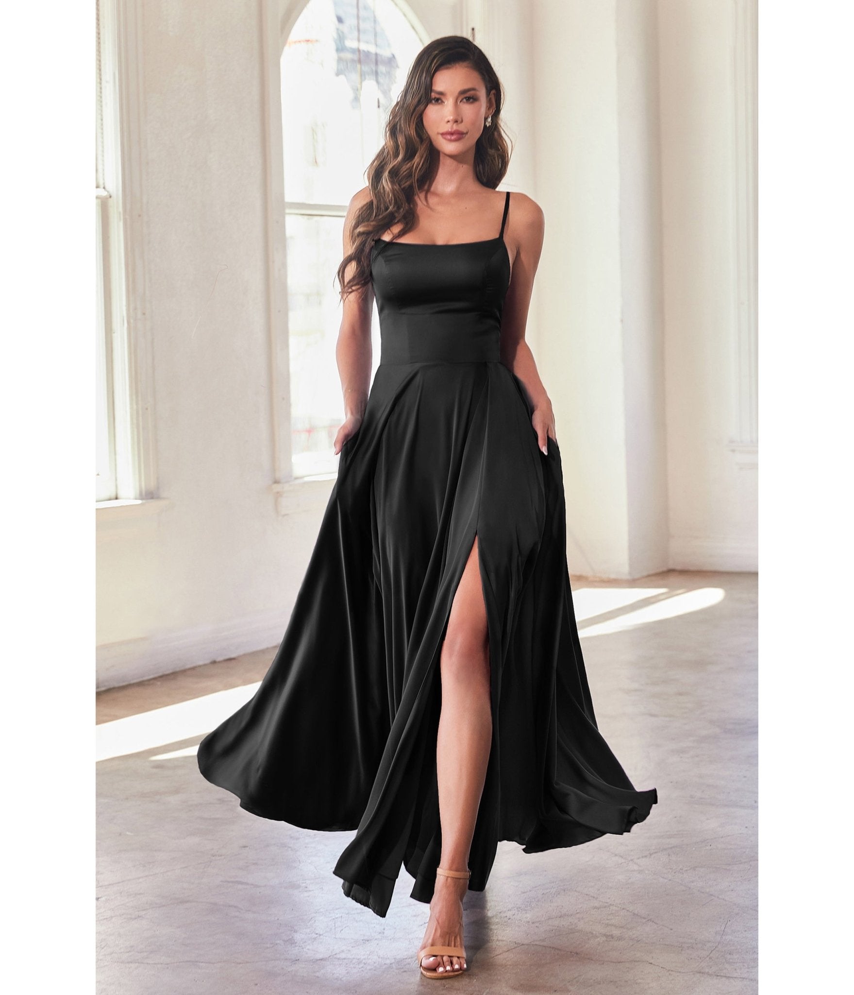 Ladivine by Cinderella Divine Black Satin A-Line Bridesmaid Dress - Elegant Formal Gown for Weddings, Prom & Special Occasions