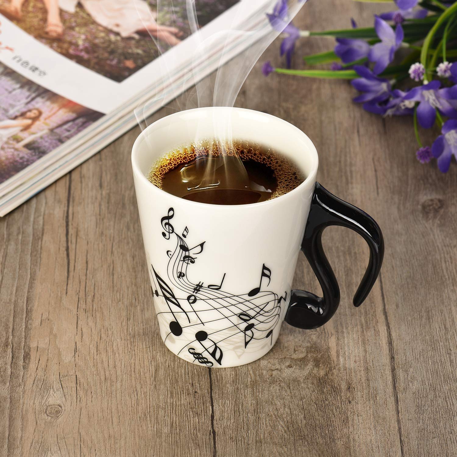 12.9 oz Musical Notes Ceramic Coffee Mug with Unique Handle & Themed Lid - Perfect Gift for Music Lovers (Women/Men/Friends) - Ideal for Tea, Coffee, Milk at Home, Office or Concert Events