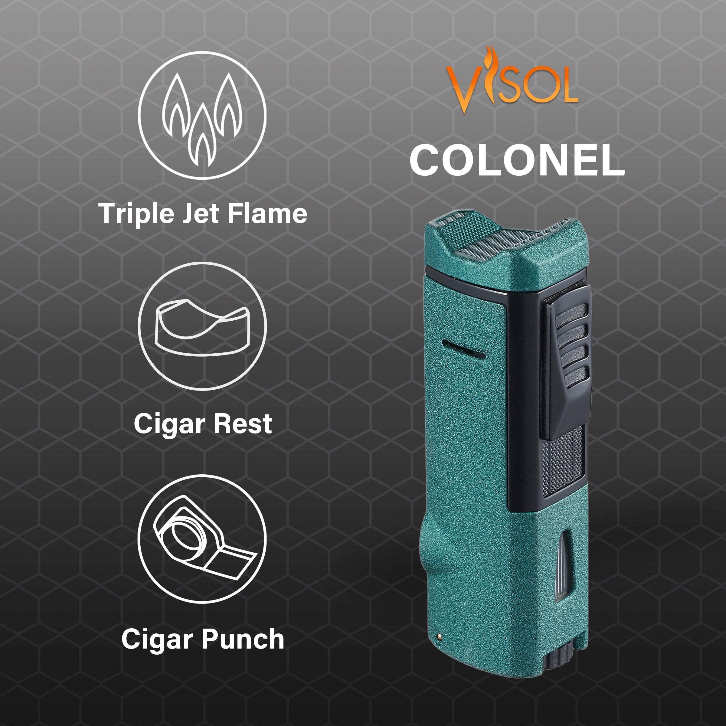 Visol Colonel Triple Flame Torch Lighter - Windproof Butane Lighter for Cigars, Candles & Outdoor Use (Green) - Perfect for Camping, BBQ & Survival Kits