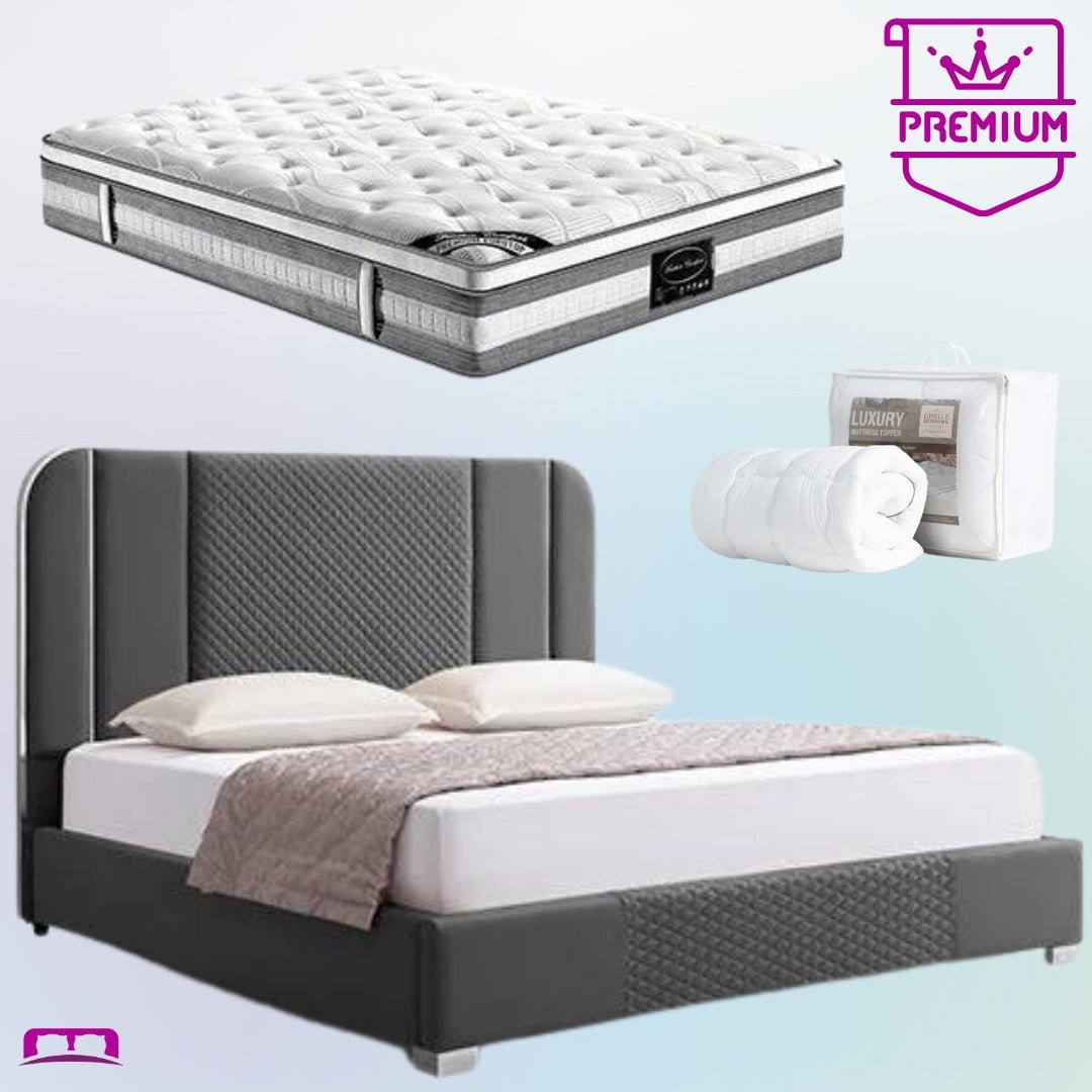 Premium King Bed Set - Luxe Halcyon King Bed Frame in Black, Plush Euro Top Pocket Spring Mattress (Medium Firm) with Bamboo Mattress Topper | Complete Bedroom Solution for Master Bedroom, Guest Room & Luxury Apartments
