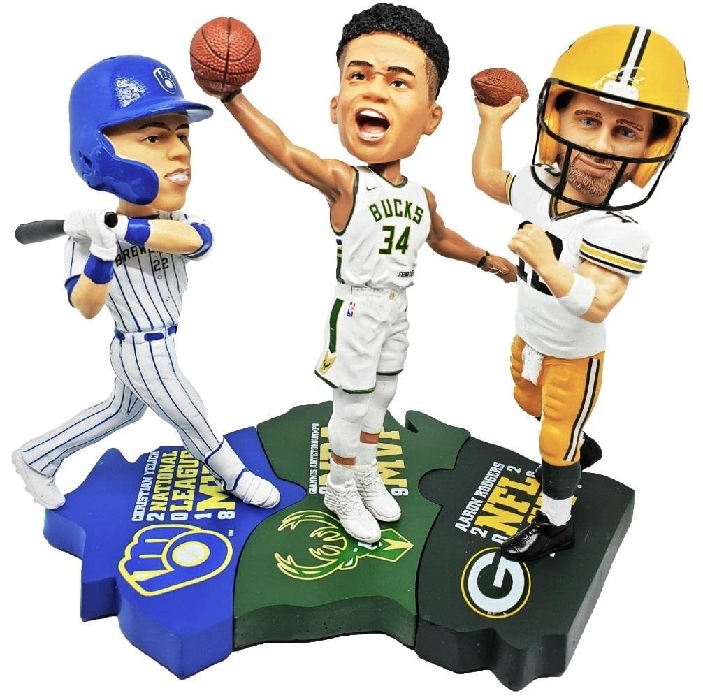 Giannis Antetokounmpo, Aaron Rodgers & Christian Yelich Triple MVP Bobblehead Set - Milwaukee Bucks, Green Bay Packers & Milwaukee Brewers Collectible - Perfect for Sports Fans, Man Cave Decor, and Gift for NBA, NFL & MLB Enthusiasts