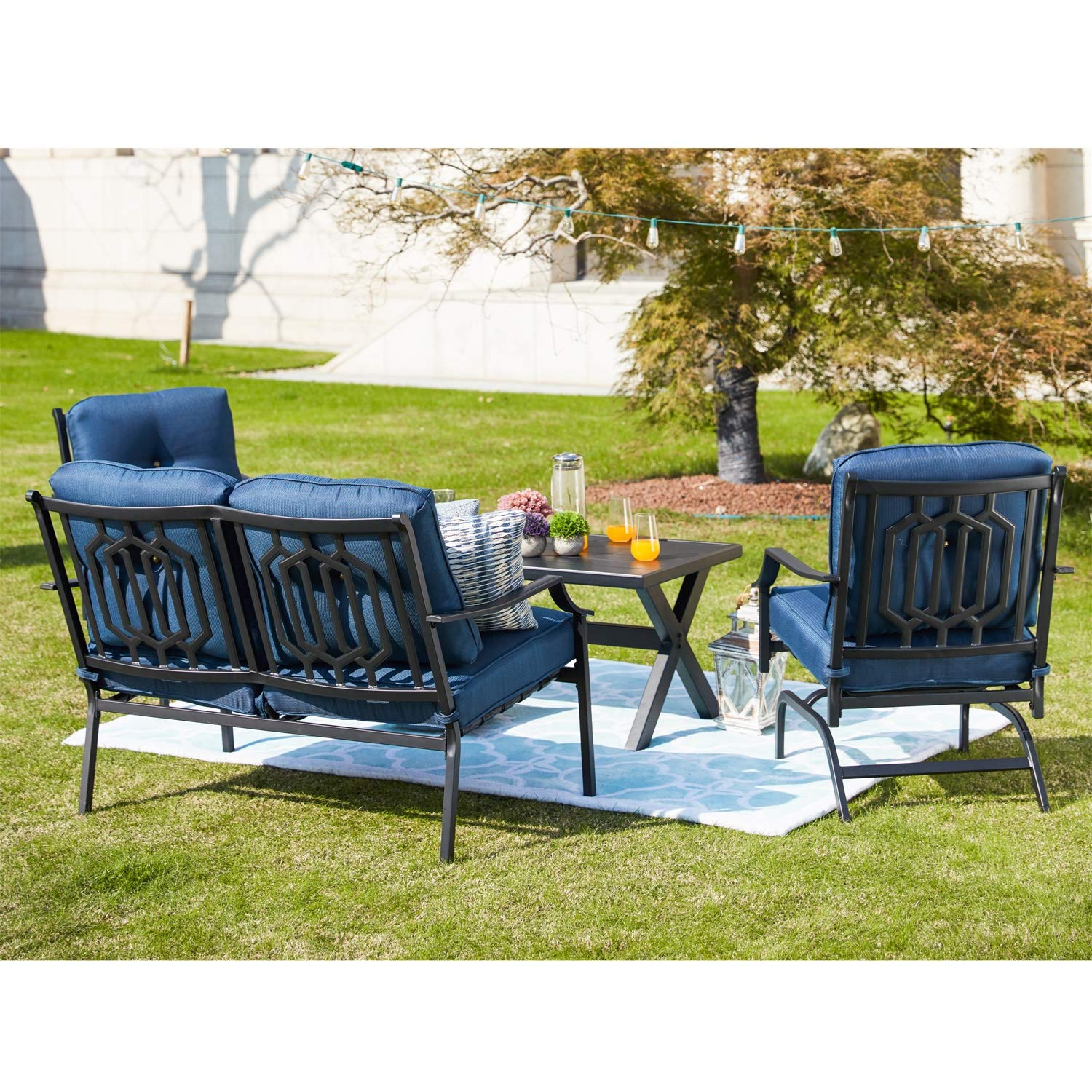 PatioFestival 4-Piece Outdoor Furniture Set - All-Weather Cushioned Metal Loveseat, Lawn Chairs & Coffee Table - Perfect for Poolside, Garden, and Backyard Relaxation