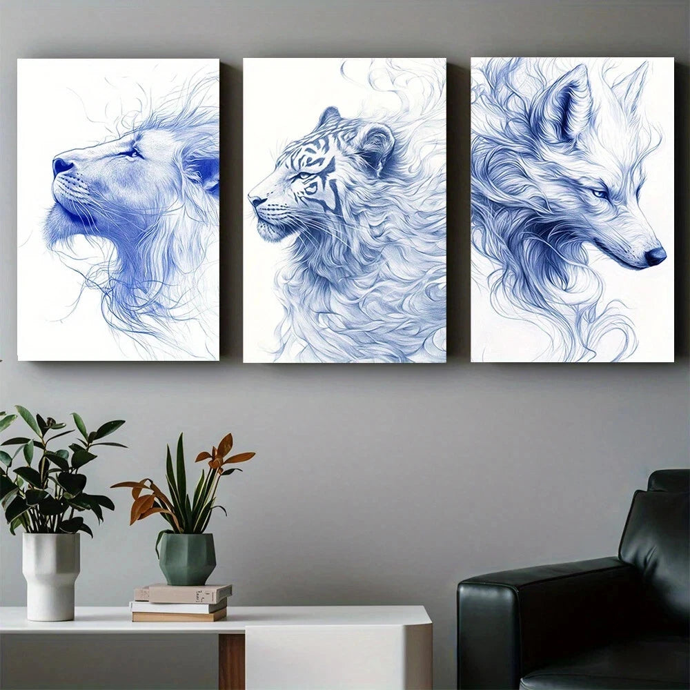 3-Piece Abstract Blue Furry Animal Metal Wall Art - Ready to Hang Decor for Living Room, Bedroom & Office