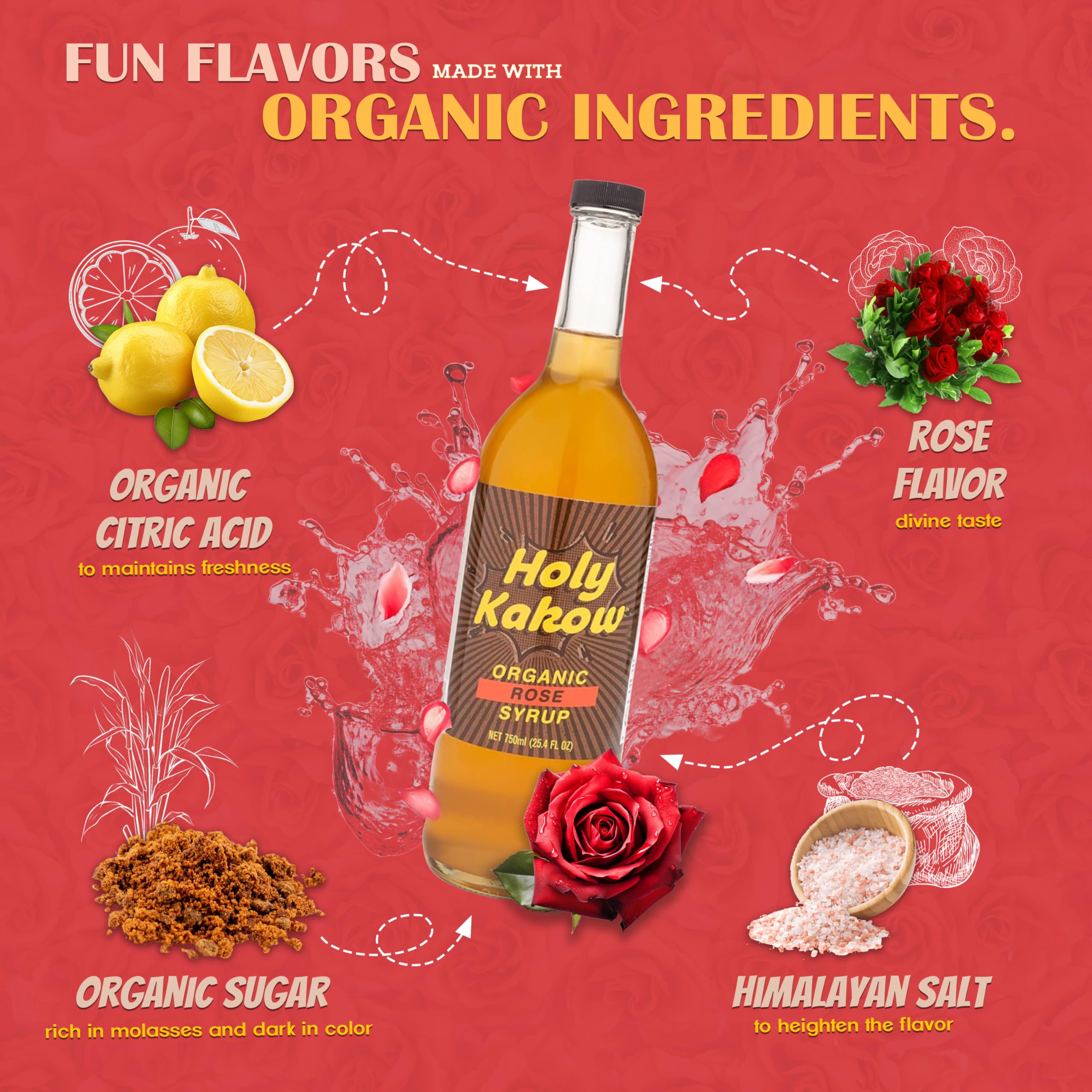 Holy Kakow Organic Rose Syrup for Coffee, Lattes, Cocktails & Shakes - 750ml | Natural Flavor Enhancer for Beverages, Baking & Desserts | USDA Certified Organic, Real Food Ingredients