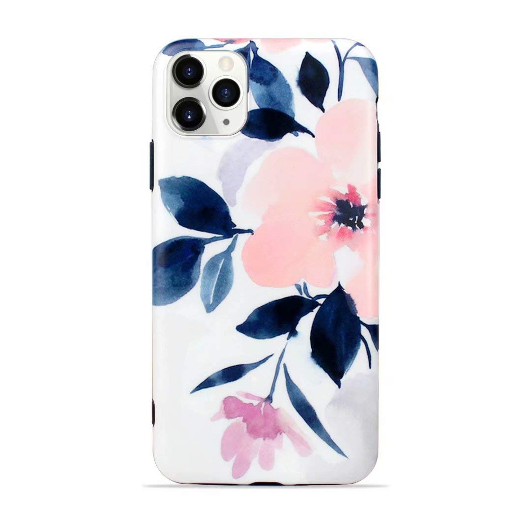 Floral iPhone 11 Pro Max Case - Peach Blossom TPU Flower Cover with Art Ink Painting Design | Pink Rubber Protective Case for Women & Girls | Perfect for Everyday Use, Work, and Travel