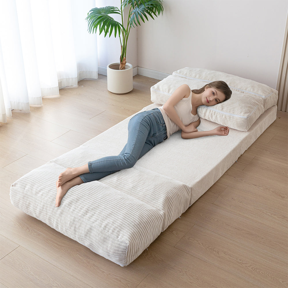 MAXYOYO Folding Sofa Bed - Convertible Corduroy Floor Sofa in Beige | Space-Saving Guest Bed & Lounge Chair for Small Apartments, Dorms & Living Rooms