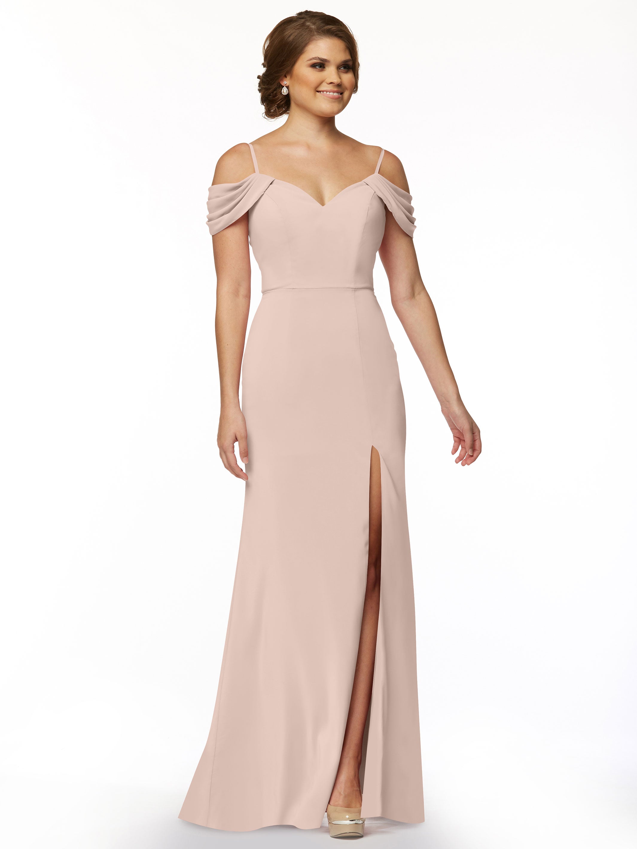 Elegant 83029 Stretch Chiffon Off-Shoulder Bridesmaid Dress with Thigh High Slit - Perfect for Weddings, Parties & Formal Events