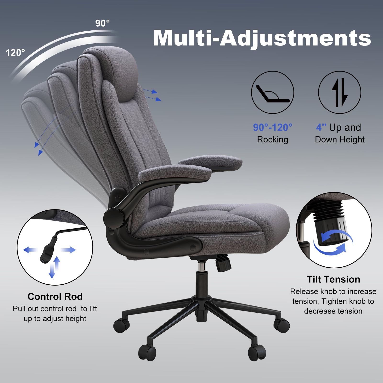 Big and Tall Office Chair - Heavy Duty 400 lb Capacity Executive Desk Chair for Large Men, Breathable Fabric High Back with 120° Tilt & Flip-Up Arms - Perfect for Home Office, Gaming, and Professional Workspaces