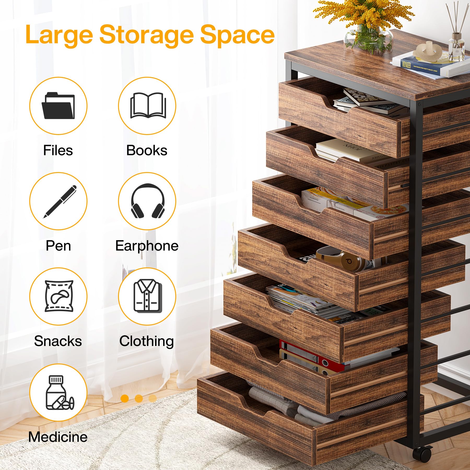 Tribesigns 7-Drawer Wooden File Cabinet with Wheels - Mobile Storage Drawer Unit for Office & Home, Industrial Rolling Printer Stand, Rustic Brown - Perfect for Home Office Organization & Document Storage