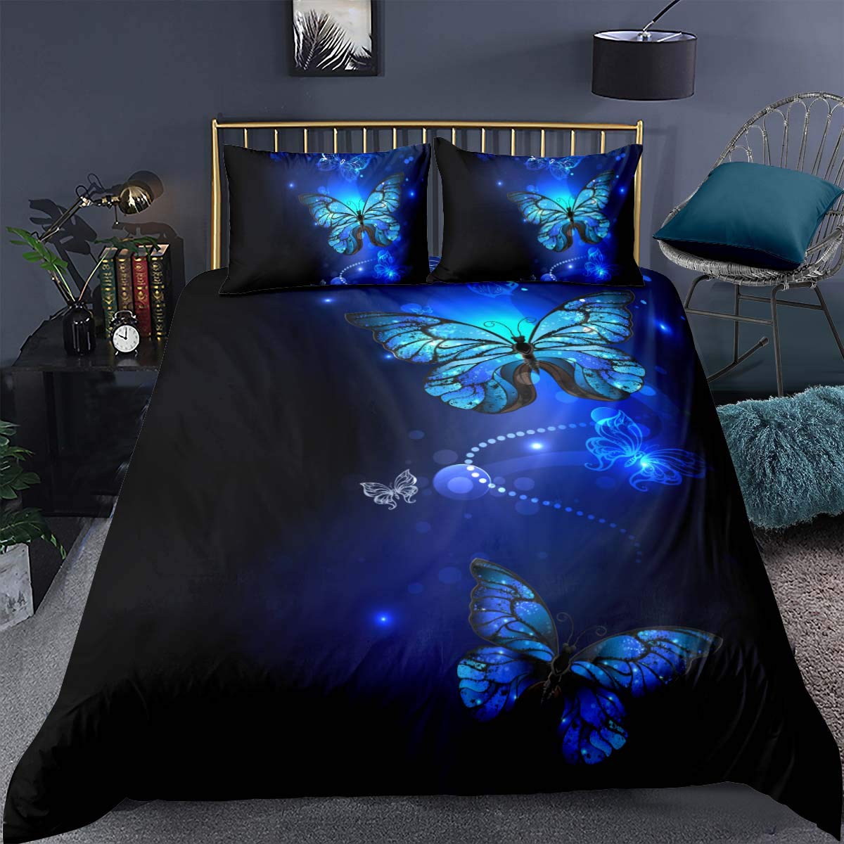 Feelyou Dark Blue Duvet Cover Set Twin - Fantasy Butterflies Comforter Cover with Monarch Butterfly Design, 2-Piece Bedding Set Includes 1 Pillow Sham & Zip Ties | Soft & Breathable for Kids Room, Guest Bedroom & Dorm Decor