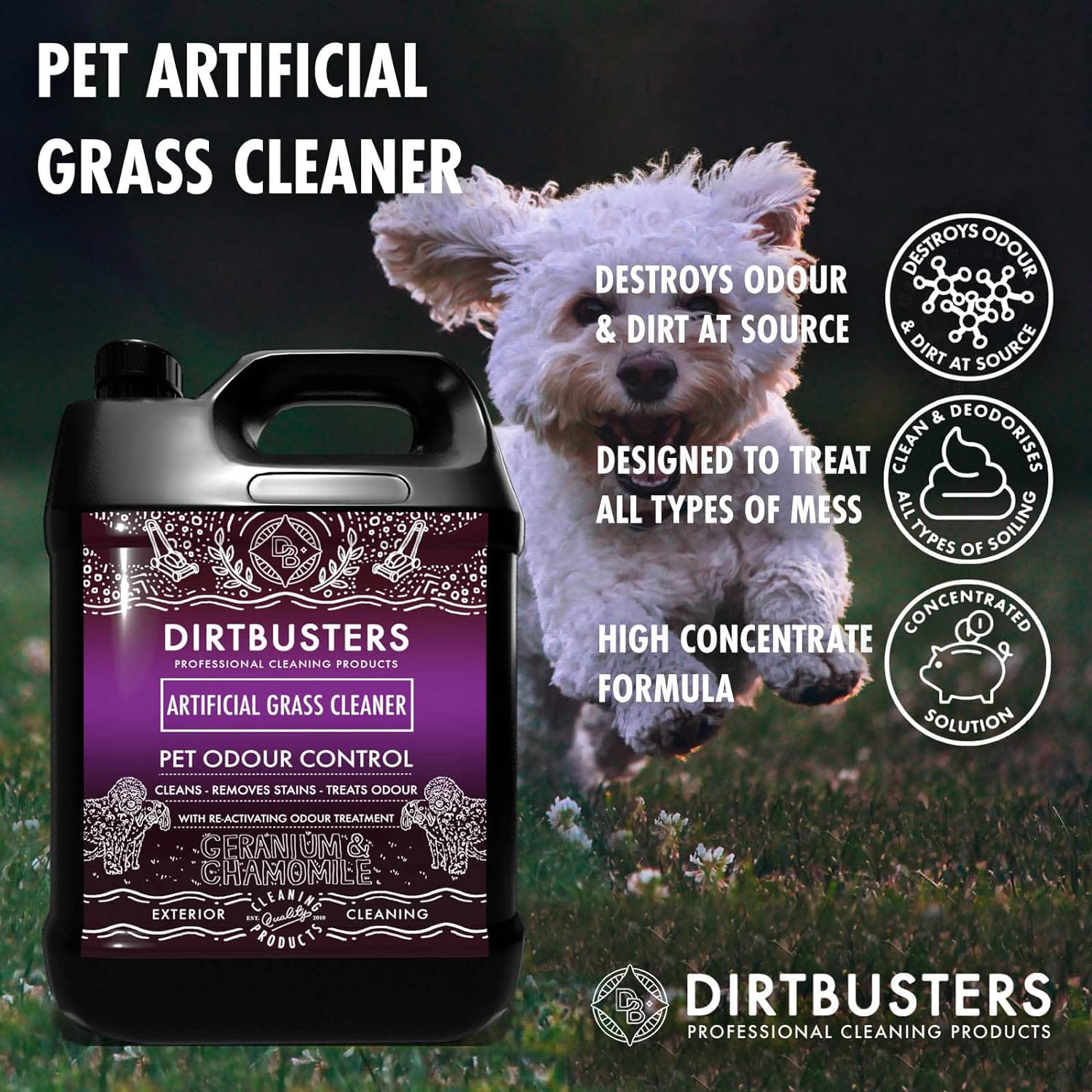 Dirtbusters Pet Artificial Grass Cleaner - Odor & Urine Eliminator for Dogs & Cats | Removes Stains & Deodorizes (5L) | Perfect for Backyards, Patios & Pet Play Areas
