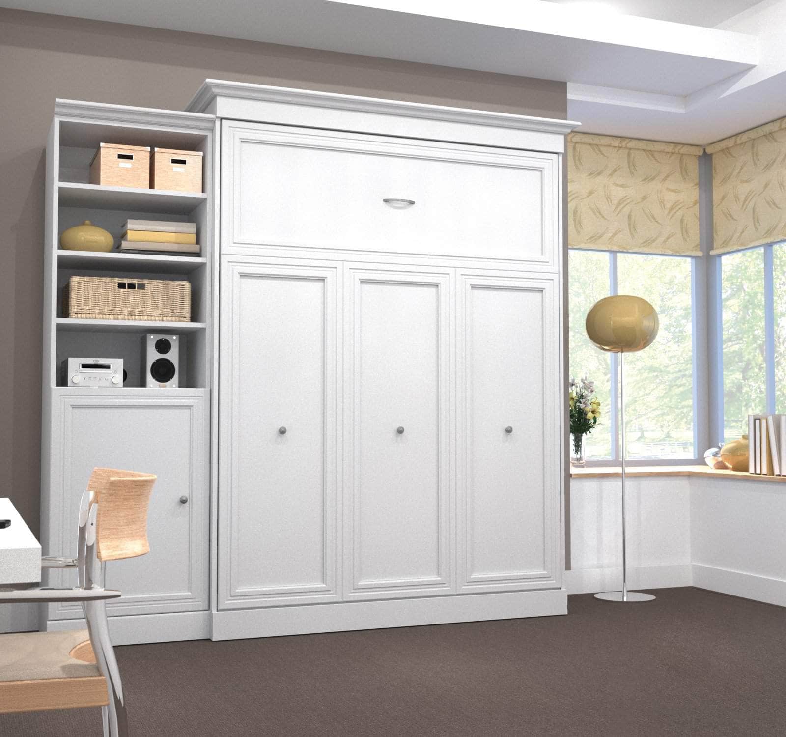 Versatile Queen Murphy Wall Bed with 1 Storage Unit & Door (92 Inch) - Space Saving Fold Down Bed for Small Apartments, Guest Rooms & Home Offices - White