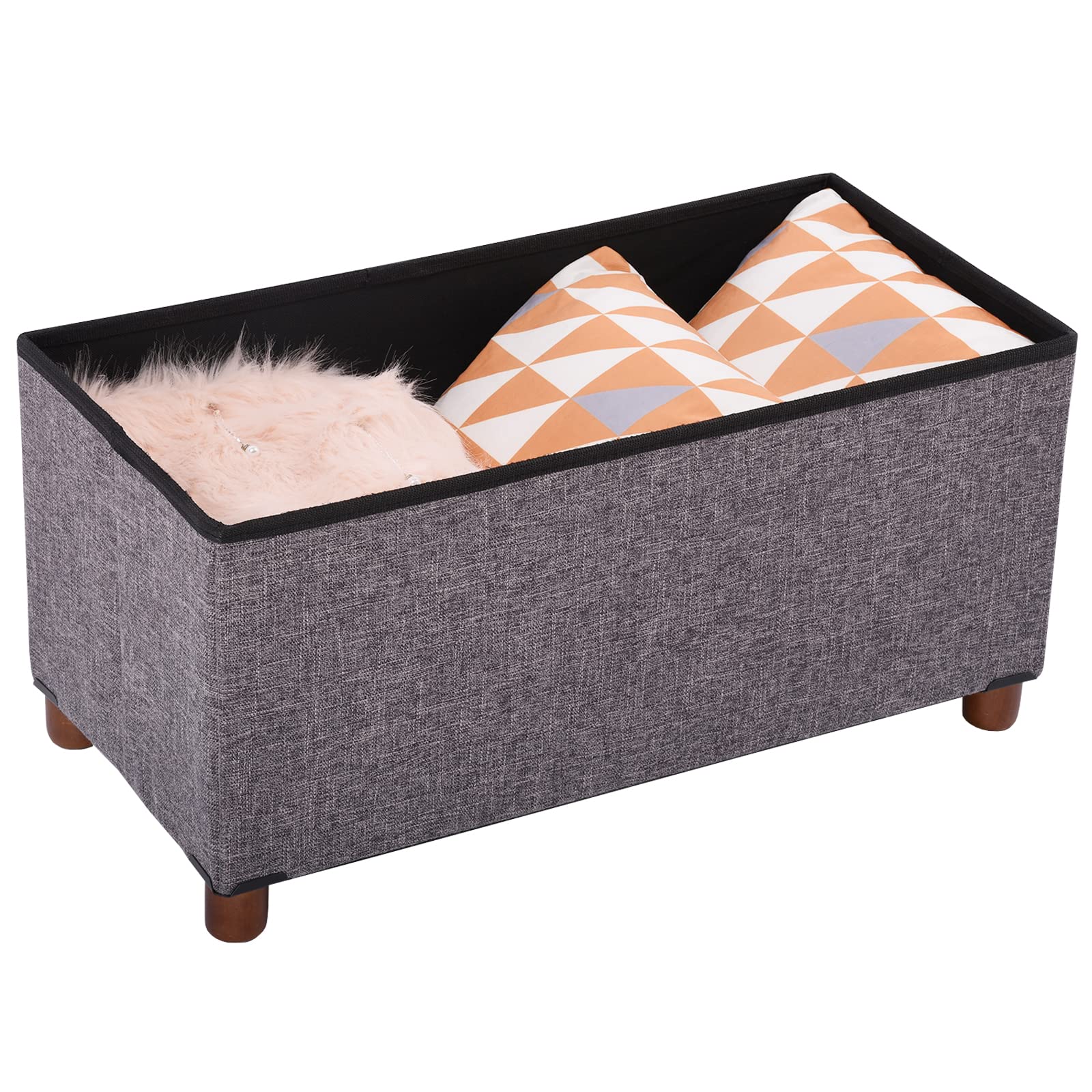 30 Inch Storage Ottoman Bench with Removable Lid - Wooden Legs, Linen Fabric, Foldable Design for Living Room, Bedroom & Foot Rest - Perfect for End of Bed, Small Space Organization & Home Decor
