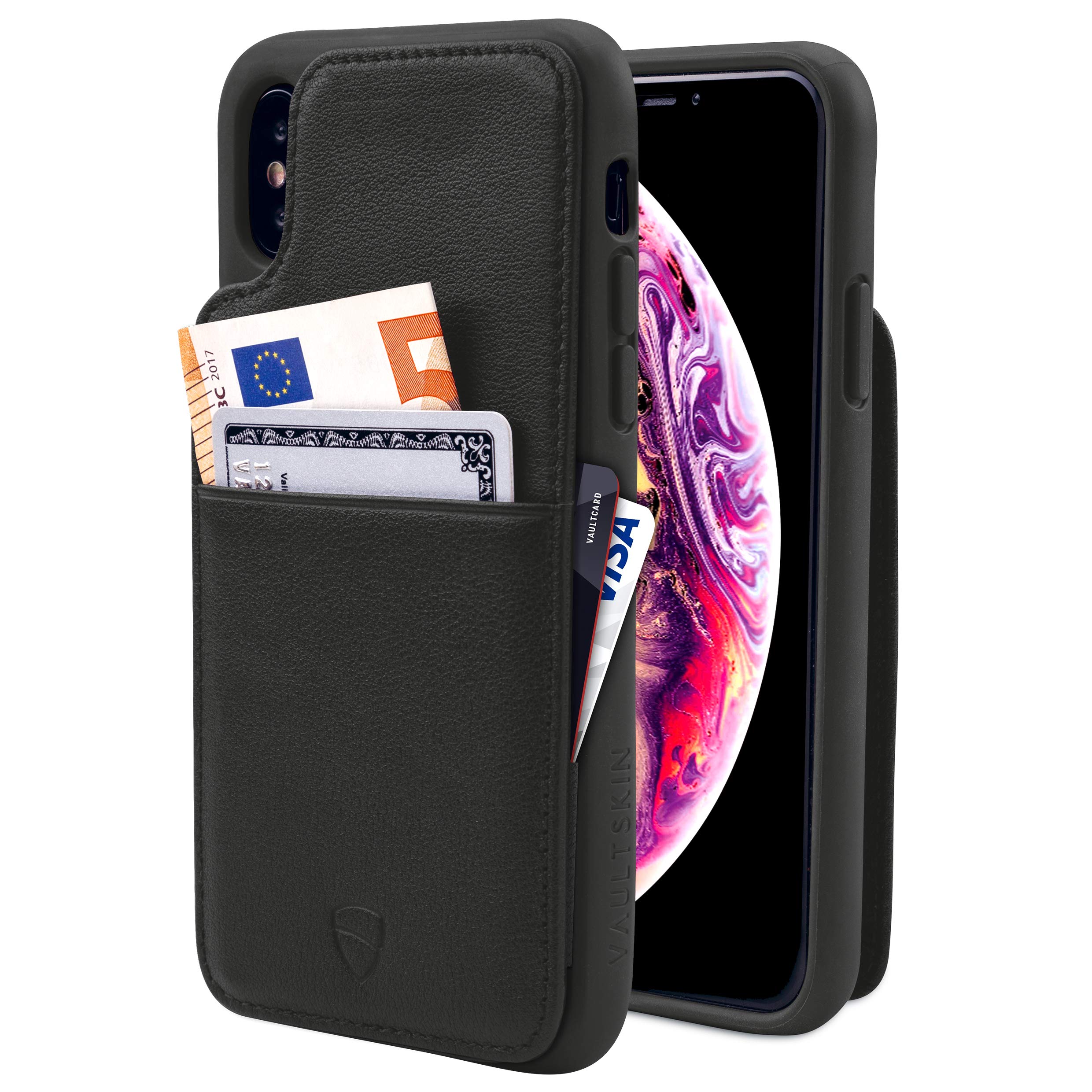 Vaultskin Eton Armour Slim Leather Wallet Case for iPhone X/XS - RFID Blocking Card Holder (Black) | Perfect for Everyday Use, Travel & Business