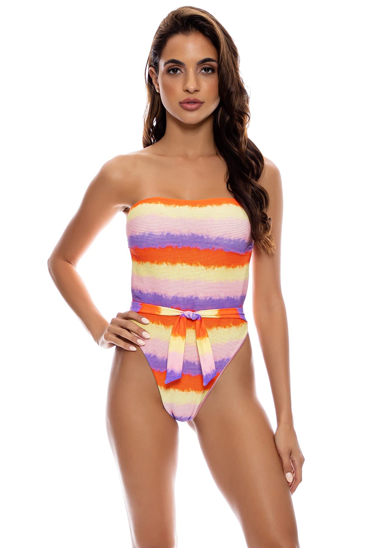 Miami Sunsets Bandeau One Piece Swimsuit - Sexy Tie Back Monokini for Women, Beach Vacation & Pool Party