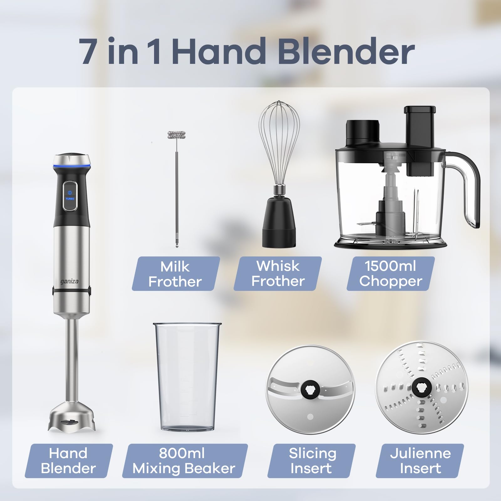 Ganiza 7-in-1 Immersion Blender with 1000W Heavy Duty Motor | 15 Speed & Turbo Mode Handheld Blender | Stainless Steel Stick Blender with 1500ml Food Processor & 6 Attachments | Perfect for Smoothies, Soups, Baby Food & Kitchen Prep