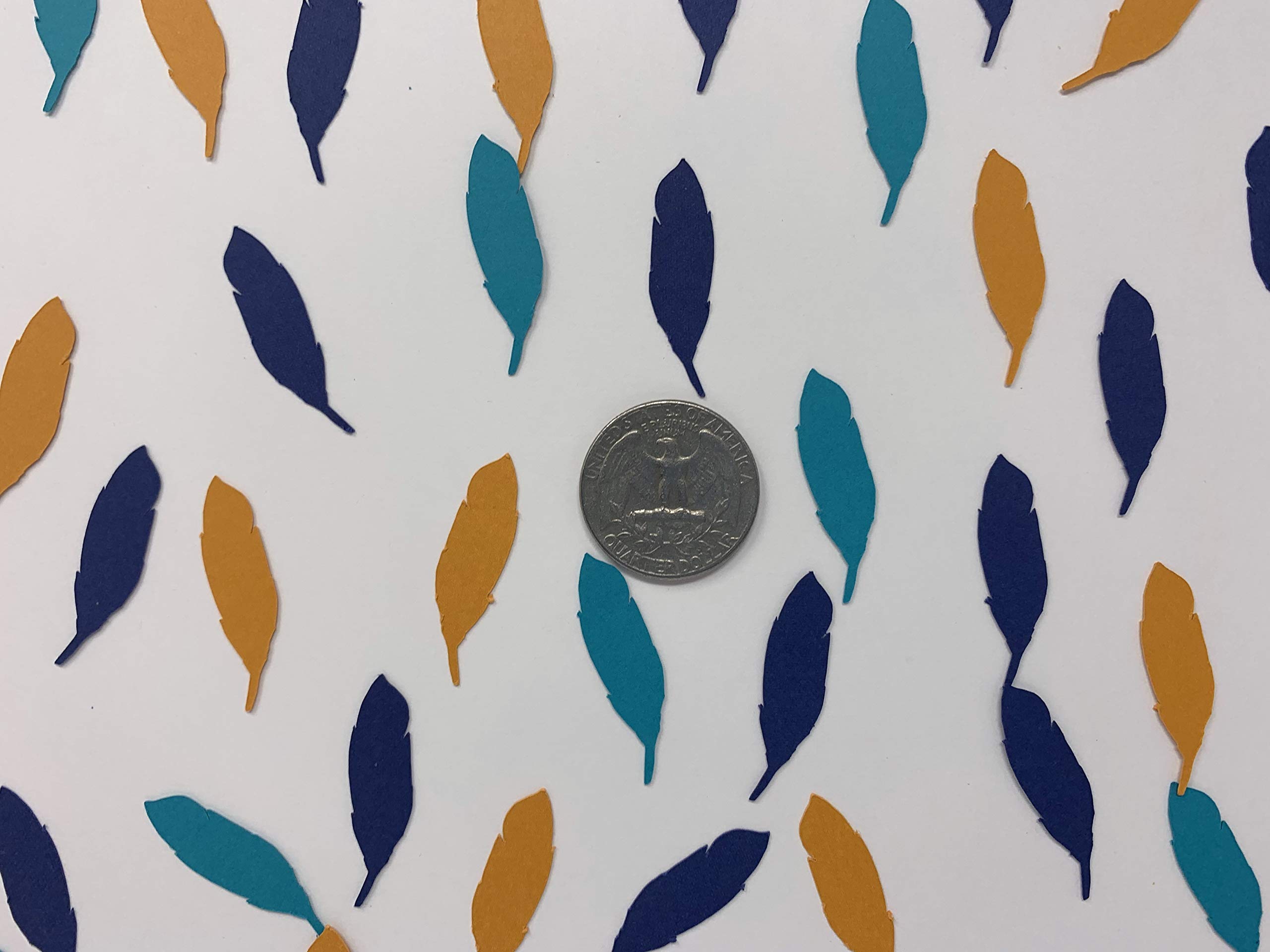 Vibrant Navy, Orange & Teal Feather Confetti - 300pcs Cardstock Paper Party Decorations for Wild One First Birthday, Tribal Theme Events & Gender Reveals - Perfect for Baby Showers, Boho Celebrations & Festive Table Scatters