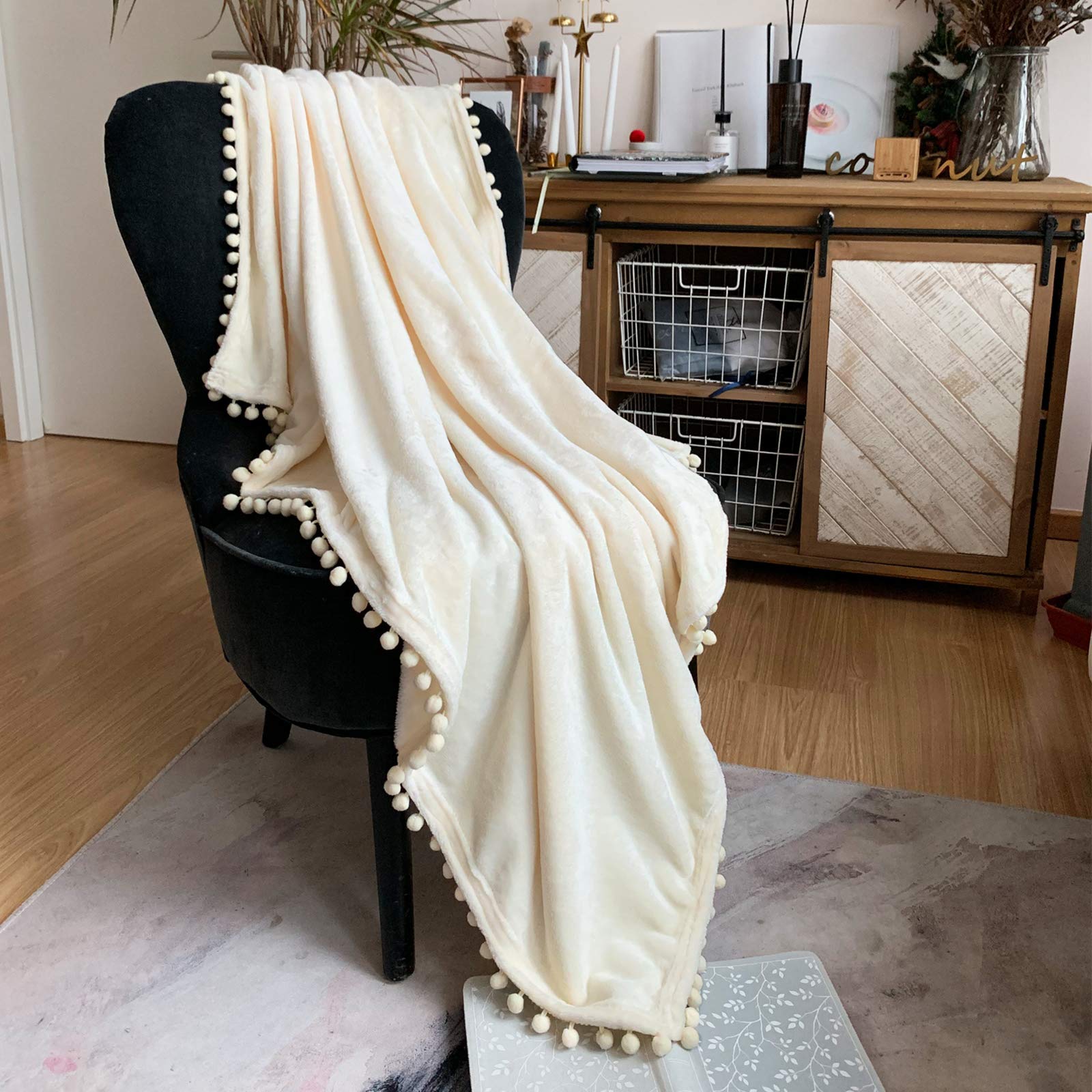 LOMAO Soft Flannel Blanket with Pompom Fringe - Lightweight Cozy Throw Blanket for Bed, Couch & Sofa - All Season Warm Fleece Blanket (Ivory, 51x63 Inches) - Perfect for Home, Office, Travel & Gift Giving