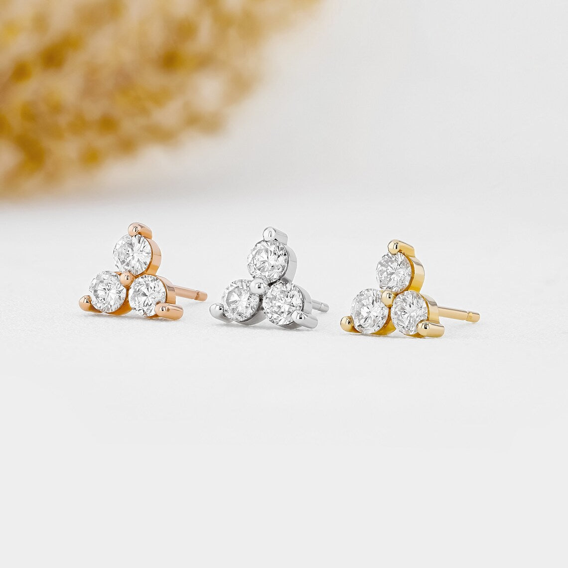 3 Stone Trio Triangle Cluster Diamond Stud Earrings (1 Pair) - 14K White Gold Dainty Earrings for Women, Gift for Her - Perfect for Weddings, Anniversaries & Special Occasions