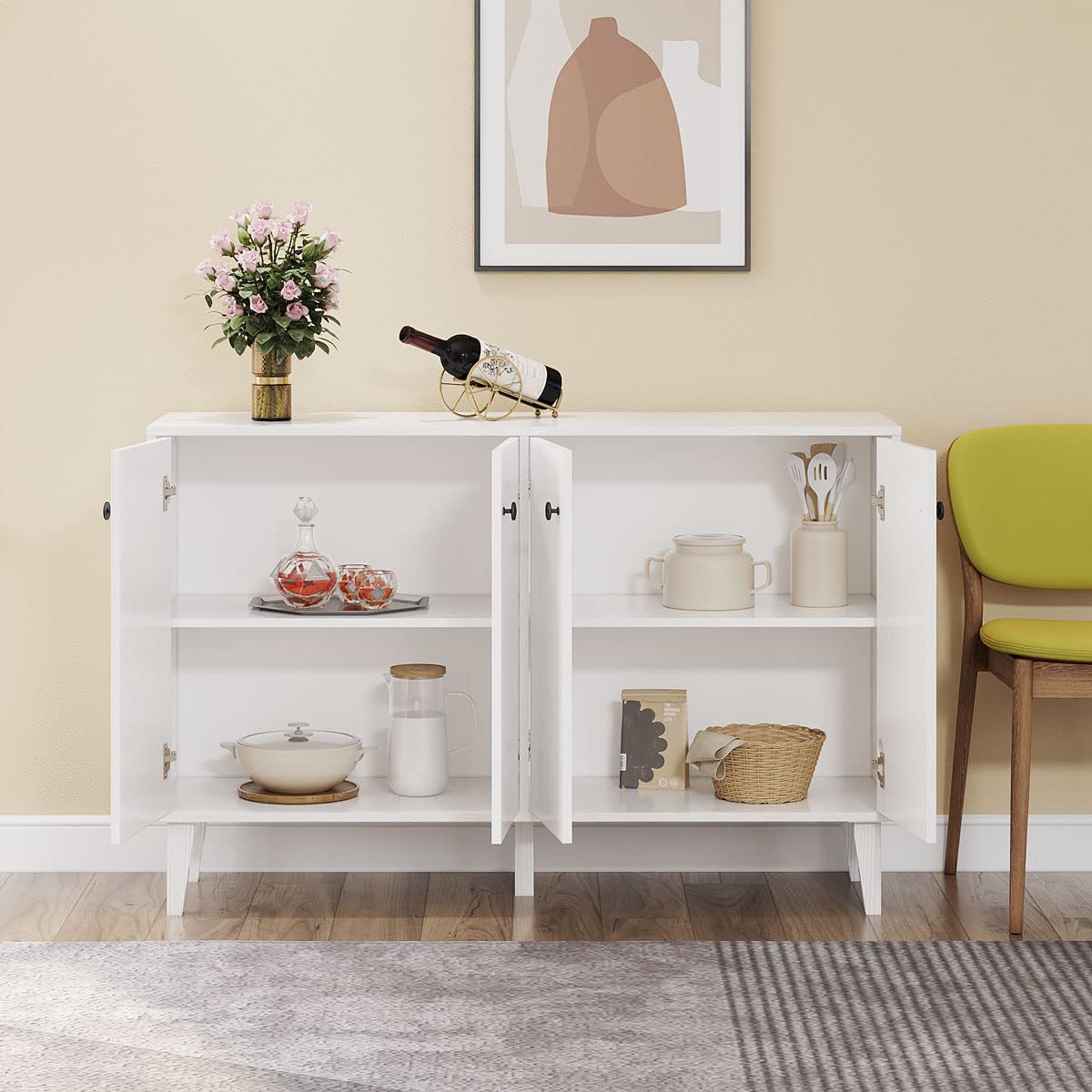 Panana 4-Door Sideboard Buffet Cabinet - White Kitchen Storage & Living Room Console Table | Perfect for Dining Room, Entryway & Home Organization